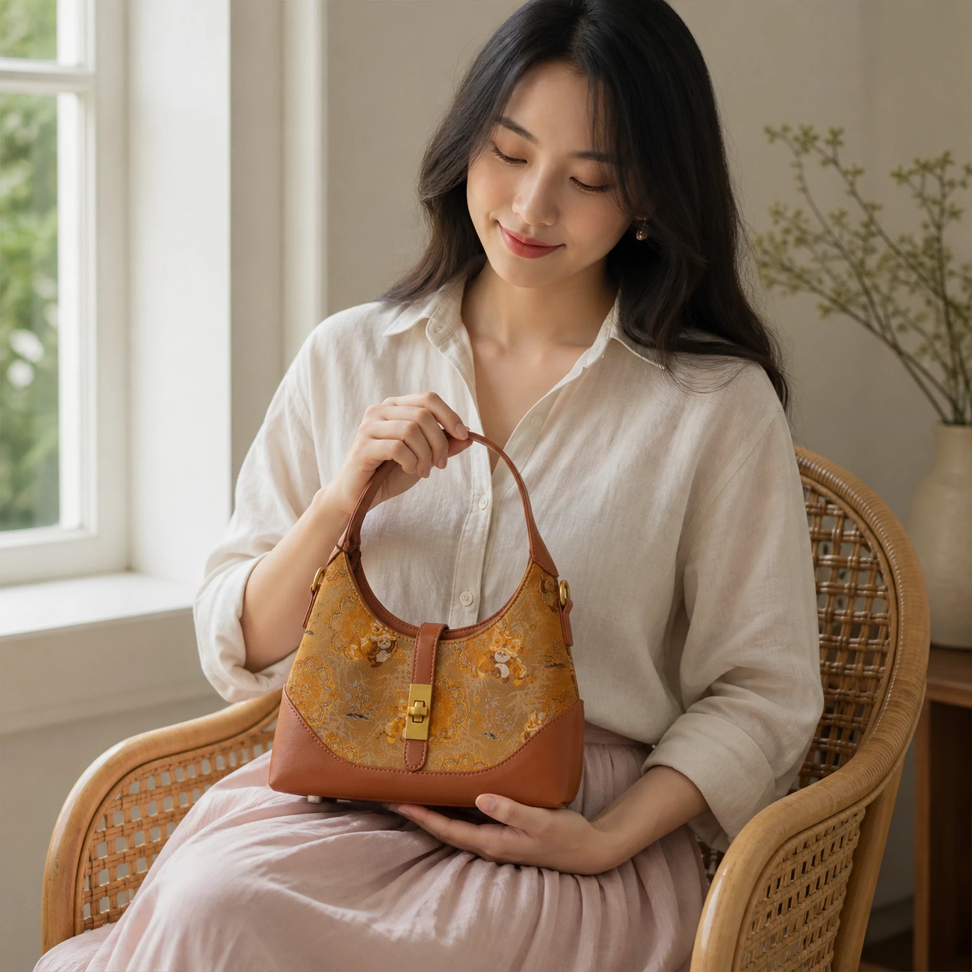 Chinoiserie Luxury Song Brocade Golden Panda Lion Dance Leather Shoulder Bag