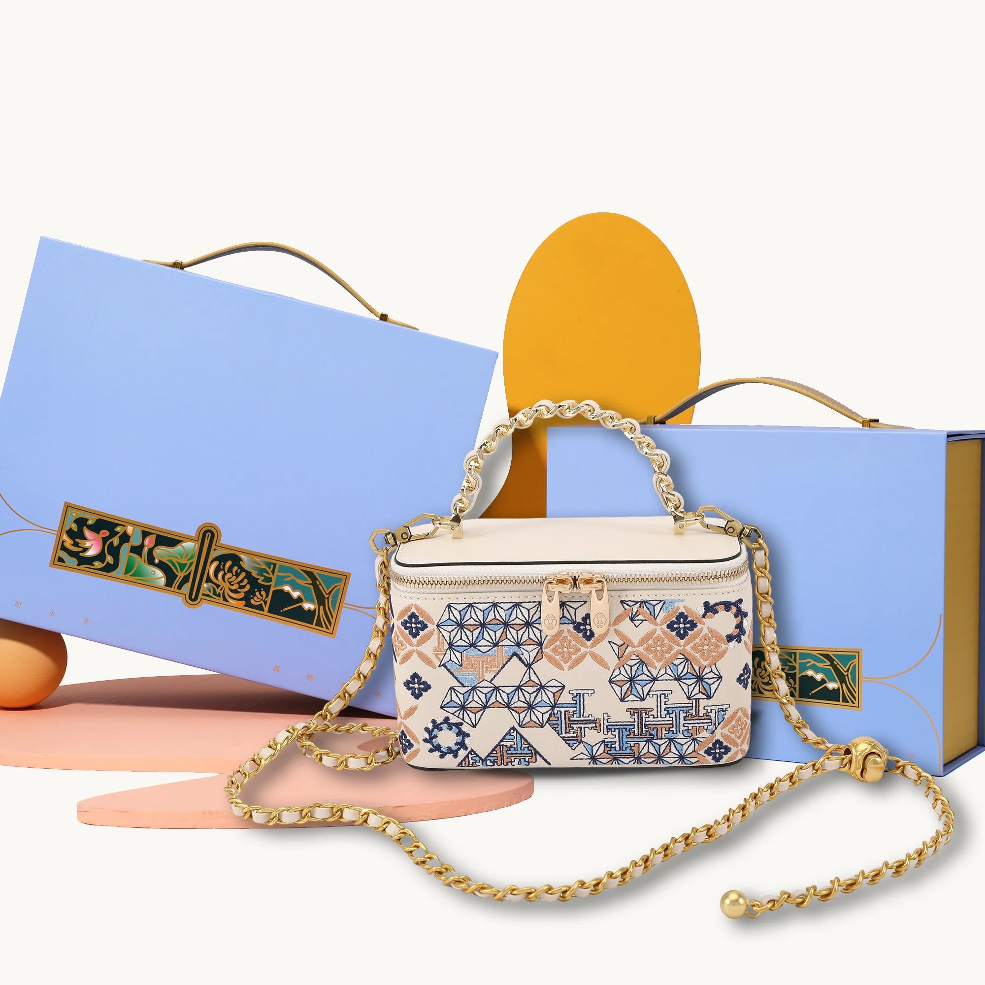 Vintage Architectural Print Box Bag with Gold Chain Double Strap
