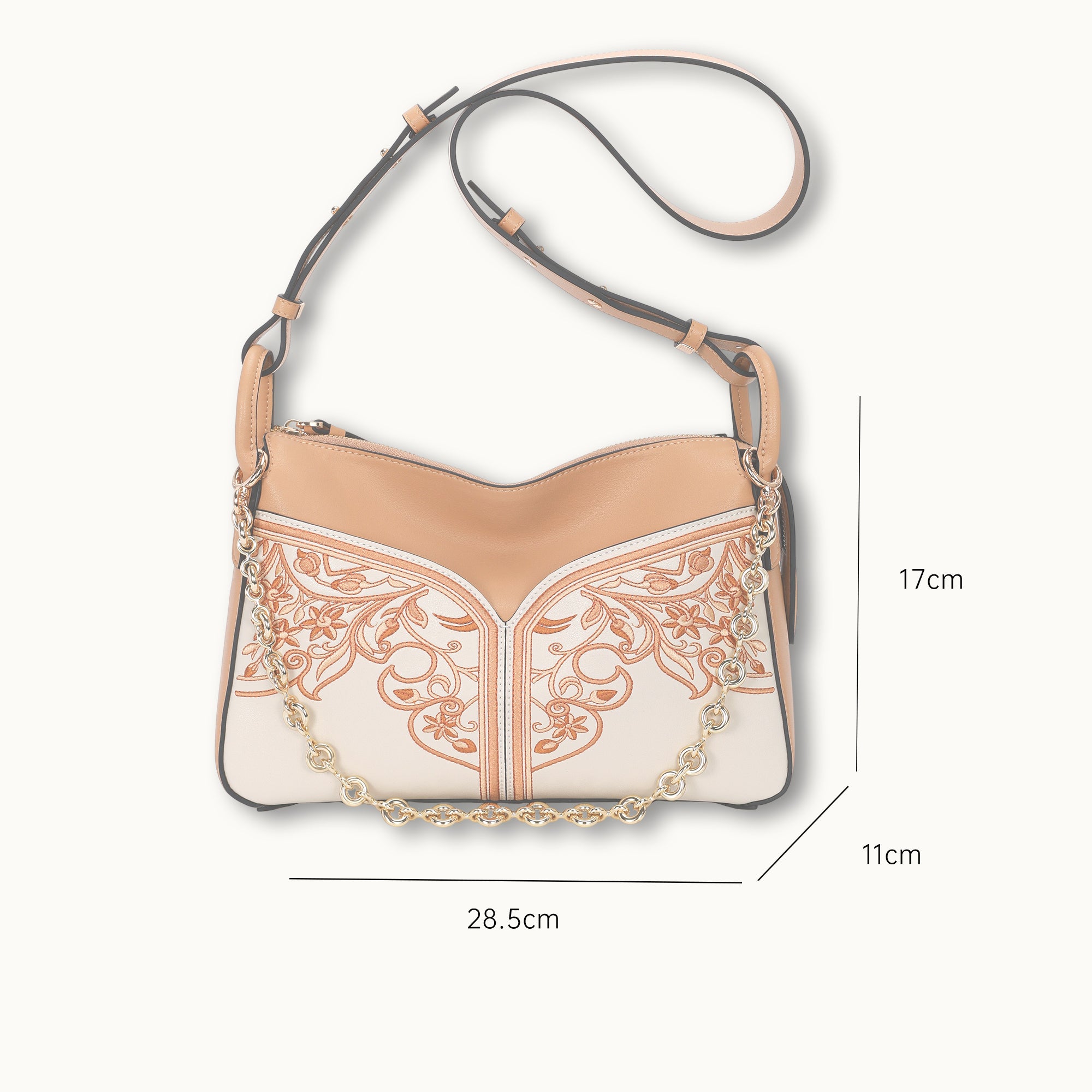 Artisan Hand-Embroidered  Leather Floral Crossbody Bag with Chain Detail