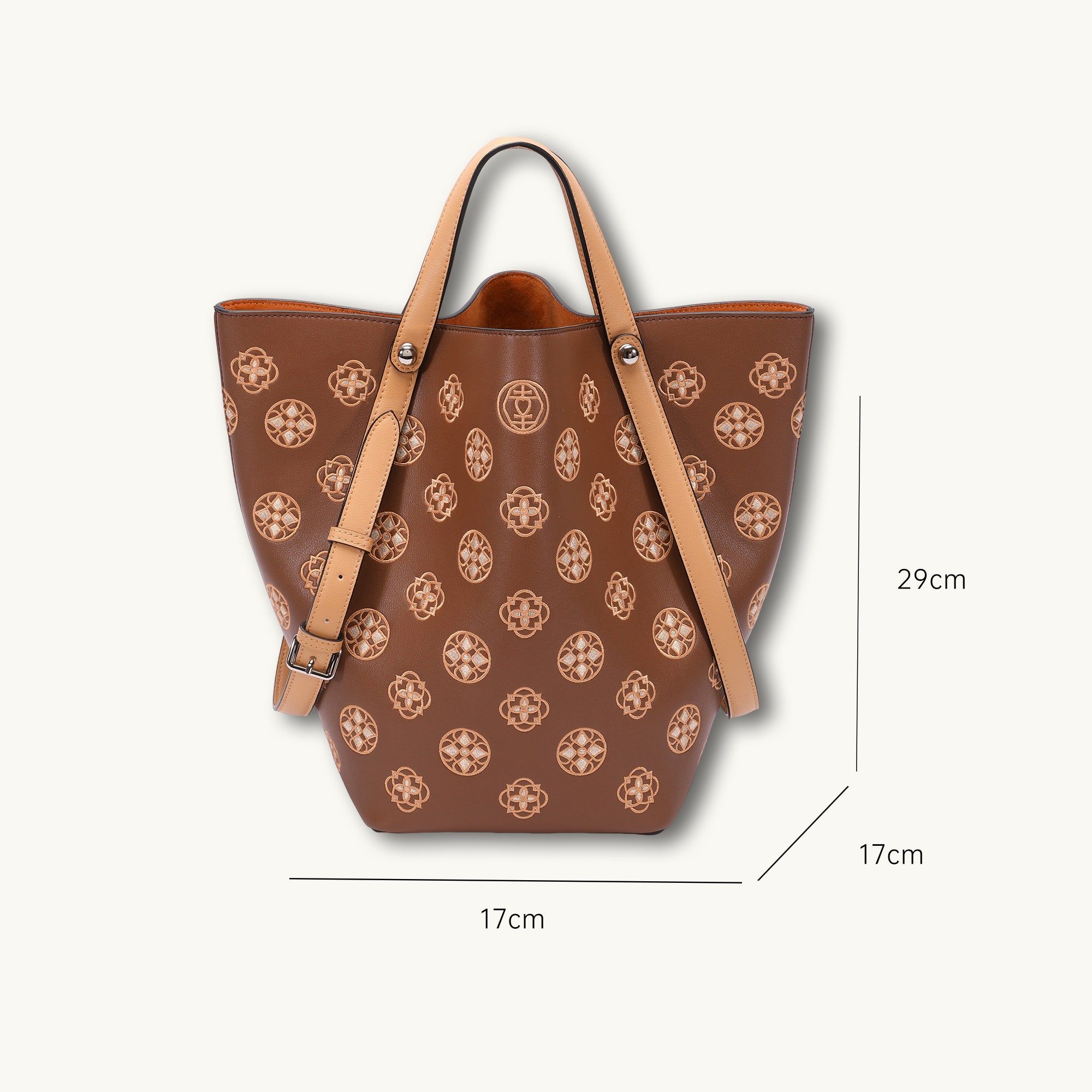 Embroidered Genuine Leather Bucket Tote Bag with Adjustable Strap