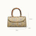 Cargar la imagen en la vista de la galería, SinoCrafted green Crane and Deer Song brocade handbag with genuine leather trim and natural bamboo handle
