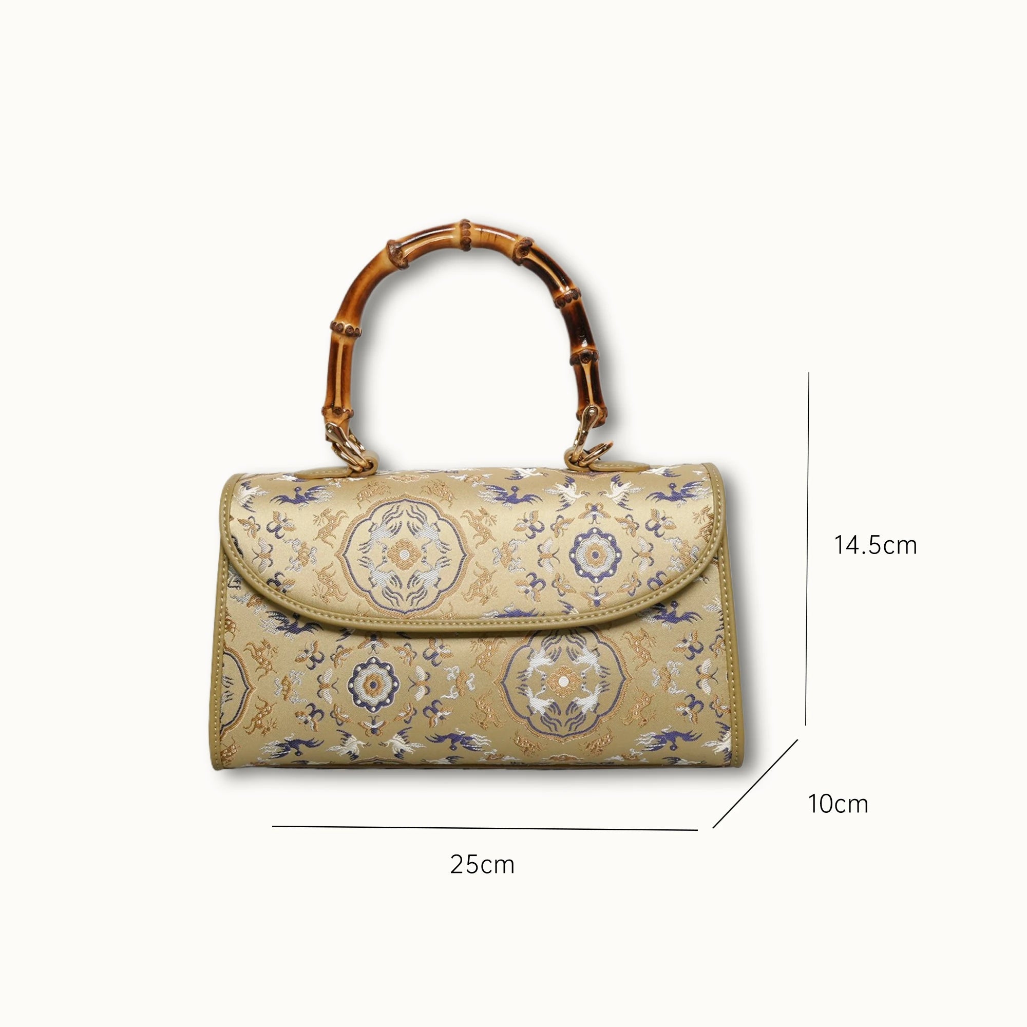 SinoCrafted green Crane and Deer Song brocade handbag with genuine leather trim and natural bamboo handle