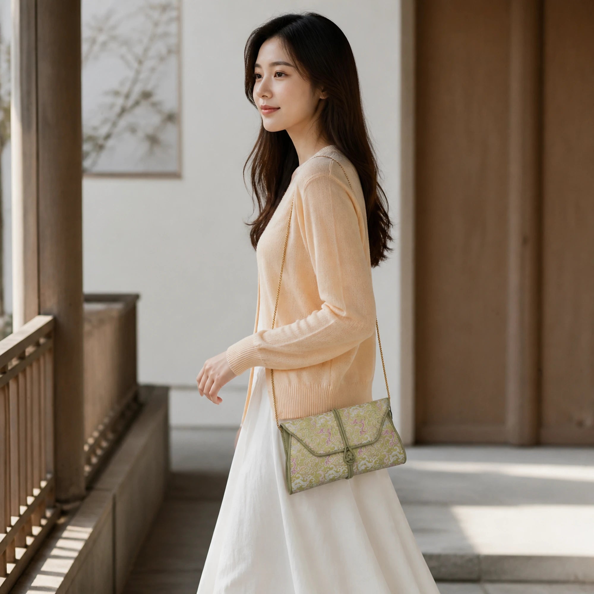 Chinoiserie Luxury Song Brocade Scrolling Vine Kui Dragon Leather Clutch Bag