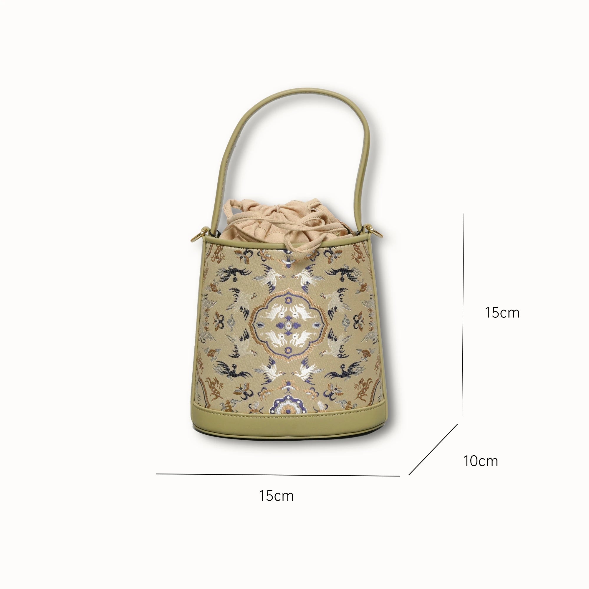 SinoCrafted Crane and Deer Song brocade bucket bag in mulberry silk with genuine leather trim