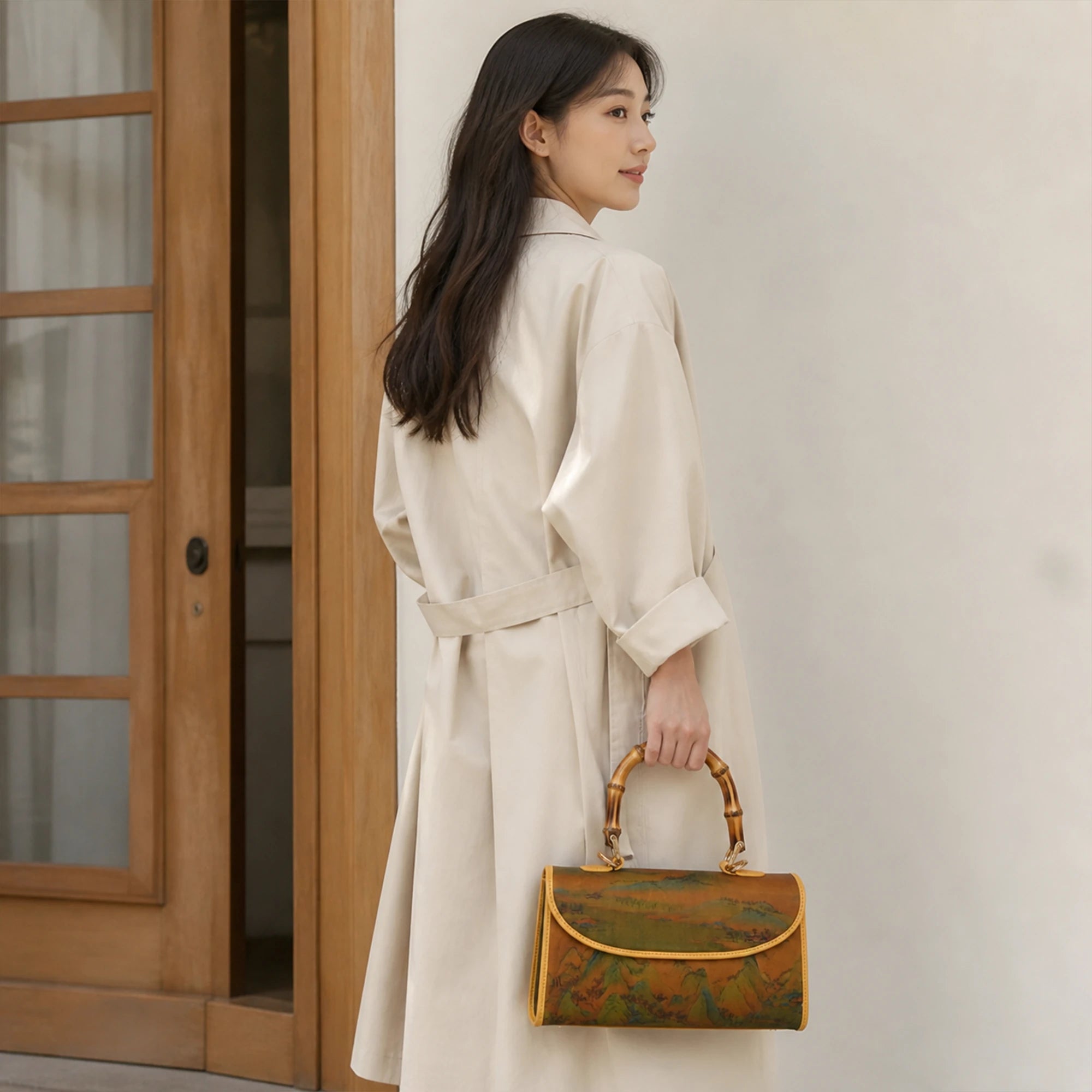 Luxury Chinese Qianli Jiangshan Xiangyun Silk Bamboo Handle Crossbody Bag