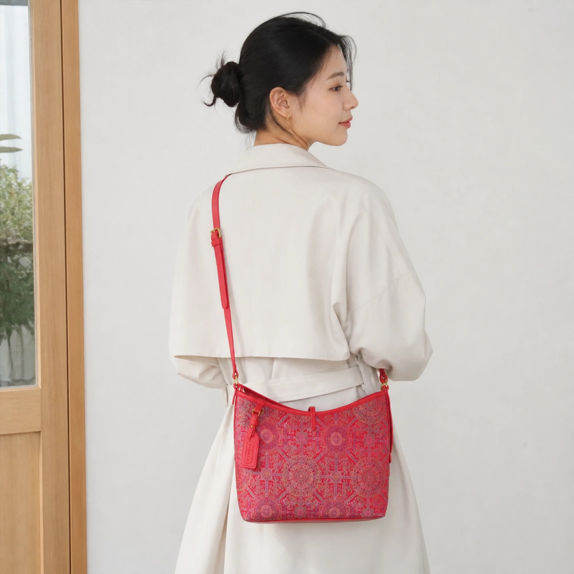 SinoCrafted red Bada Halo Song brocade shoulder bag with genuine leather trim and strap