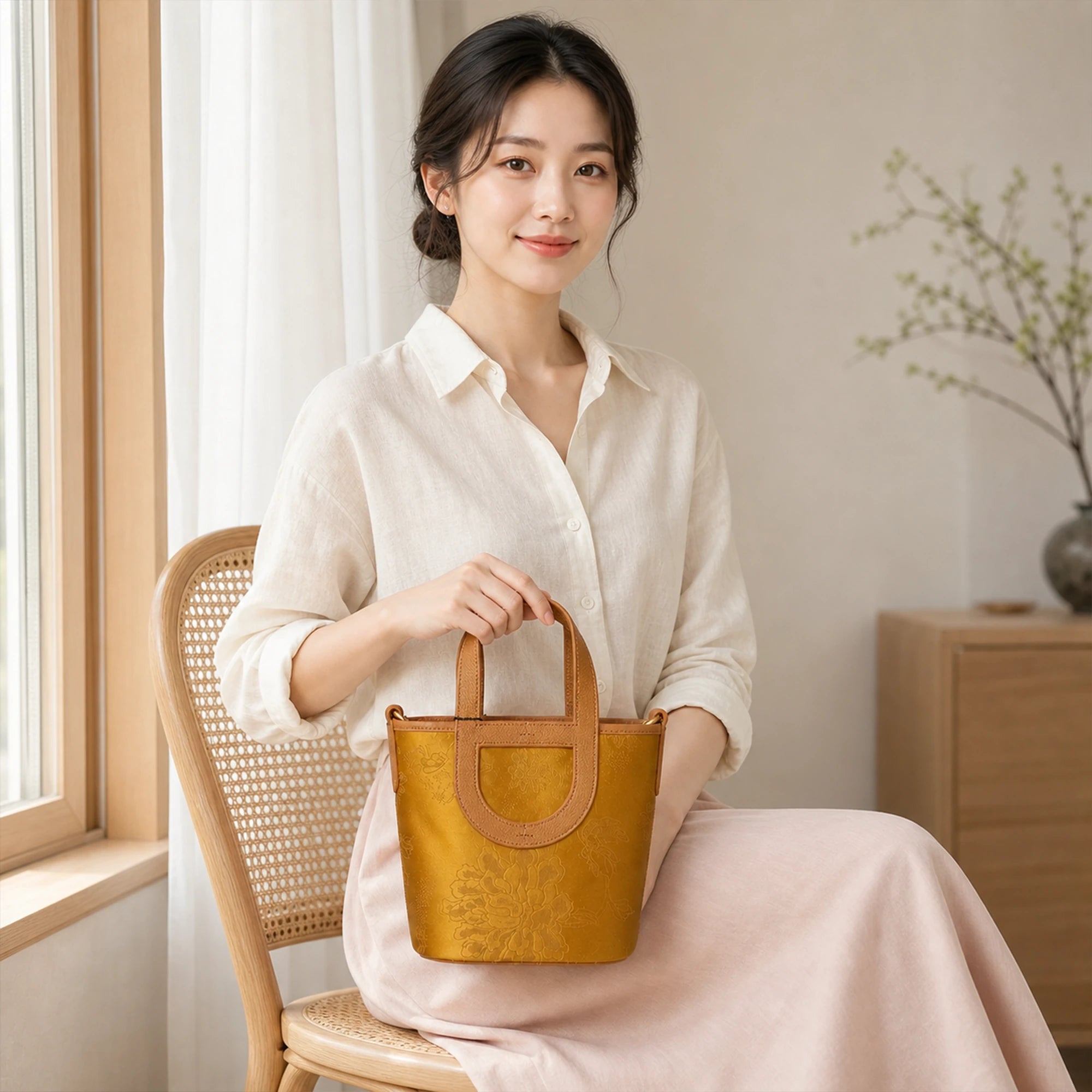 SinoCrafted golden silk Xiangyunsha peony handbag with genuine leather handles