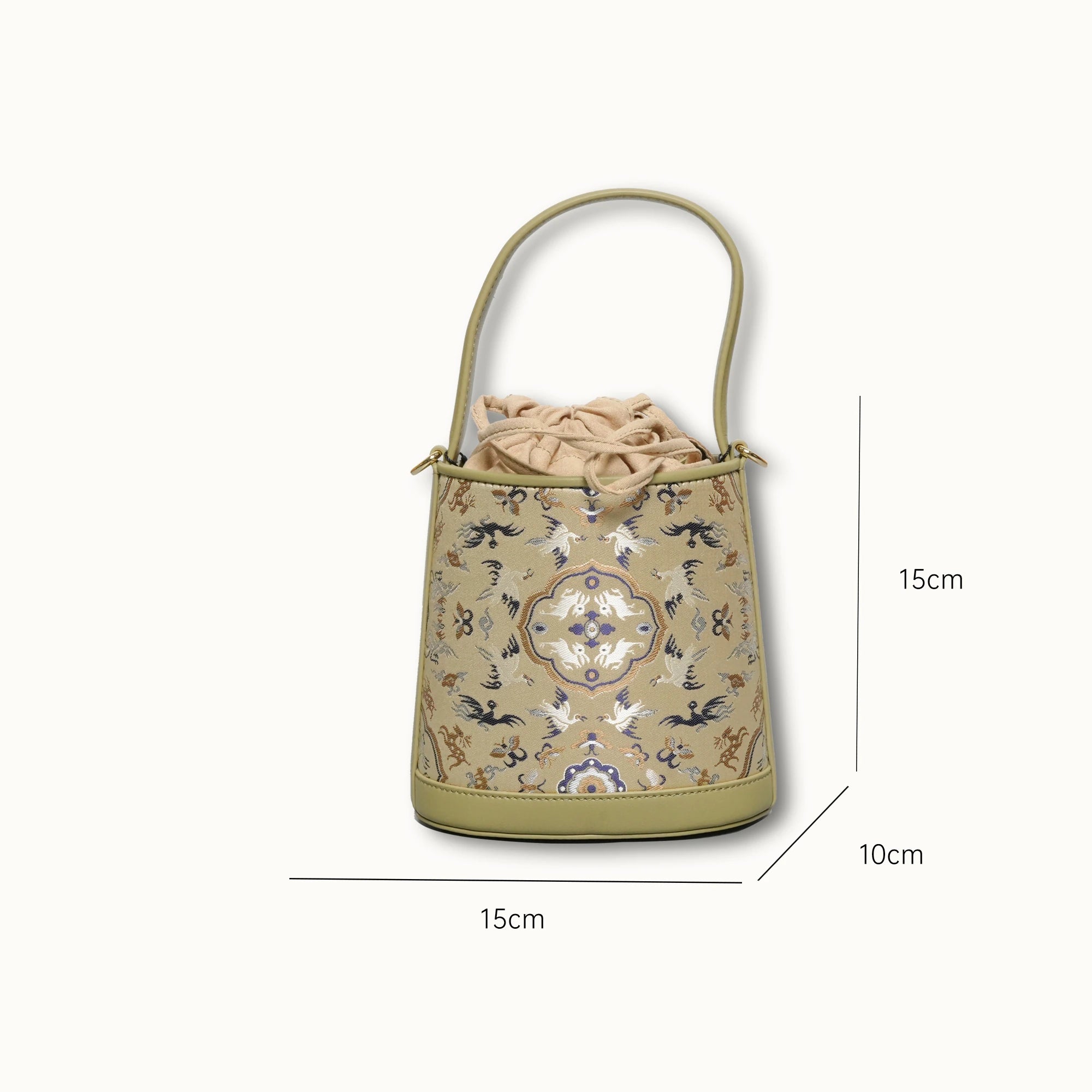 SinoCrafted Crane and Deer Song brocade bucket bag in mulberry silk with genuine leather trim