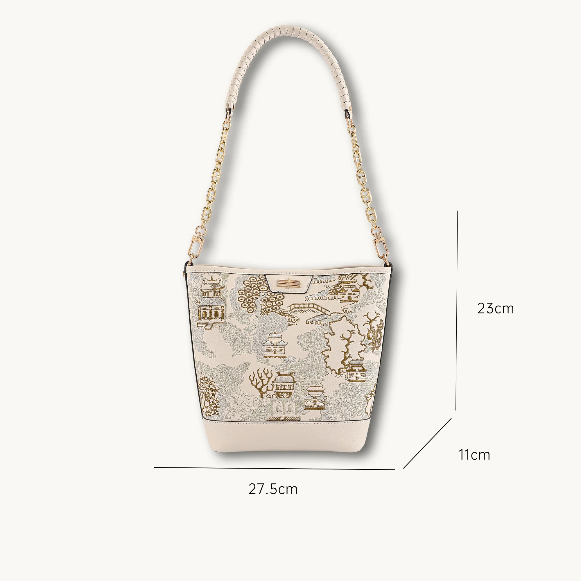 Chinese Style Oriental Print Bucket Bag with Chain-Trimmed Leather Strap