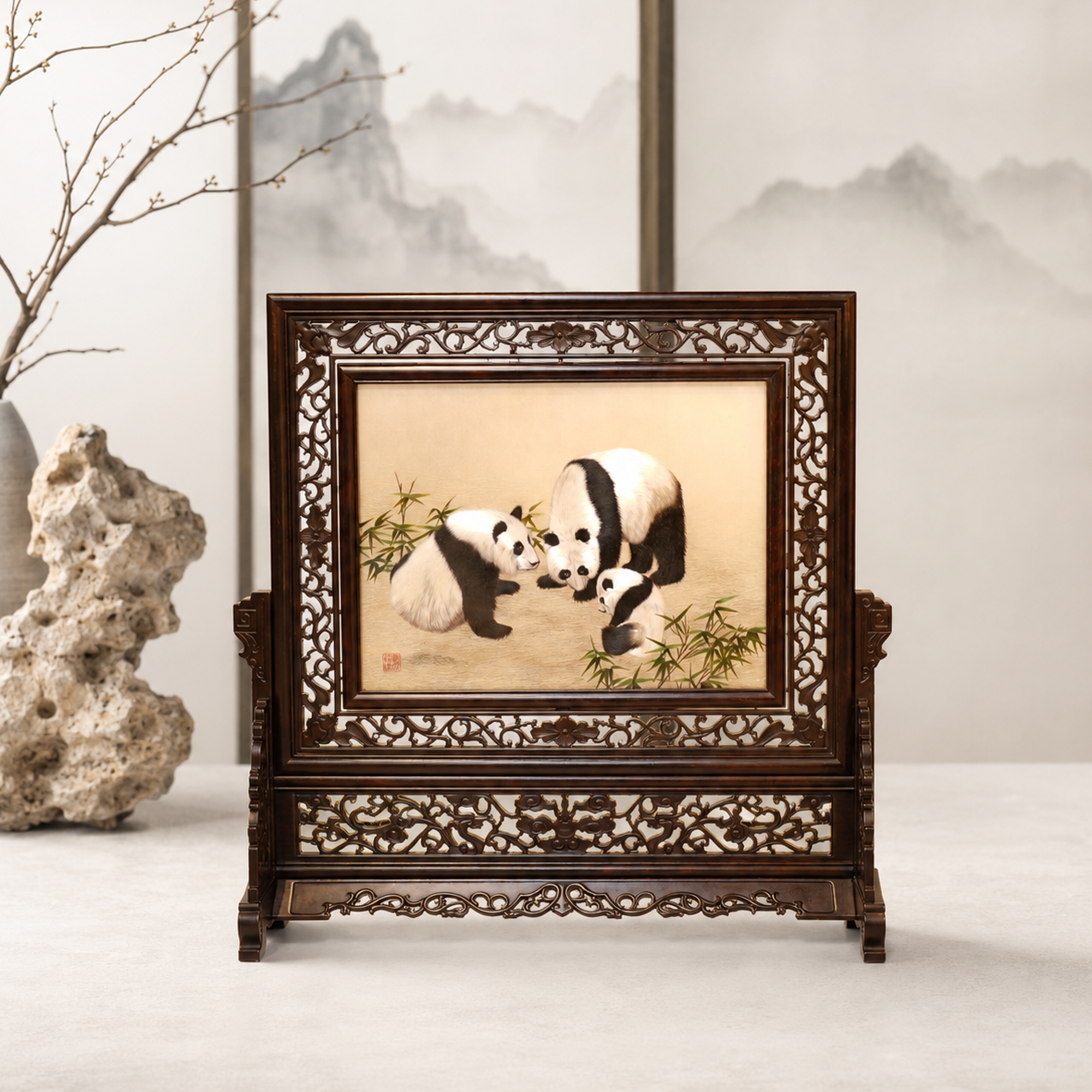 Chinese Panda Family Suzhou Embroidery Table Screen - Handcrafted Blackwood Frame