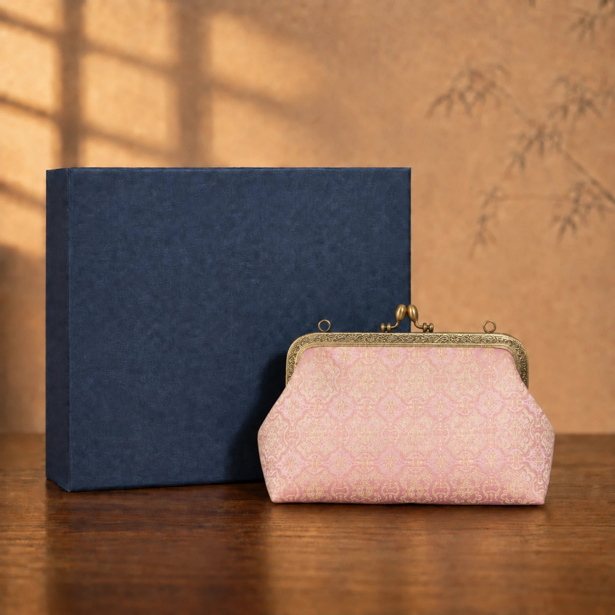 Luxury Chinese Pink Song Brocade Silk Frame Handbag with Dingsheng Motif