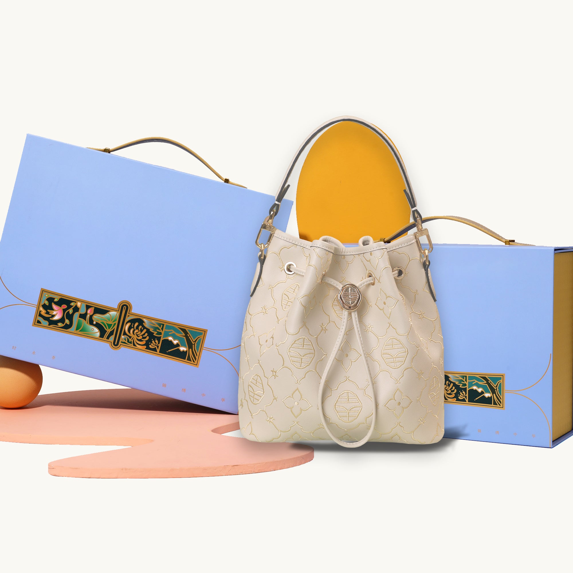 Genuine Leather Bucket Bag with Intricate Oriental Embossed Motifs