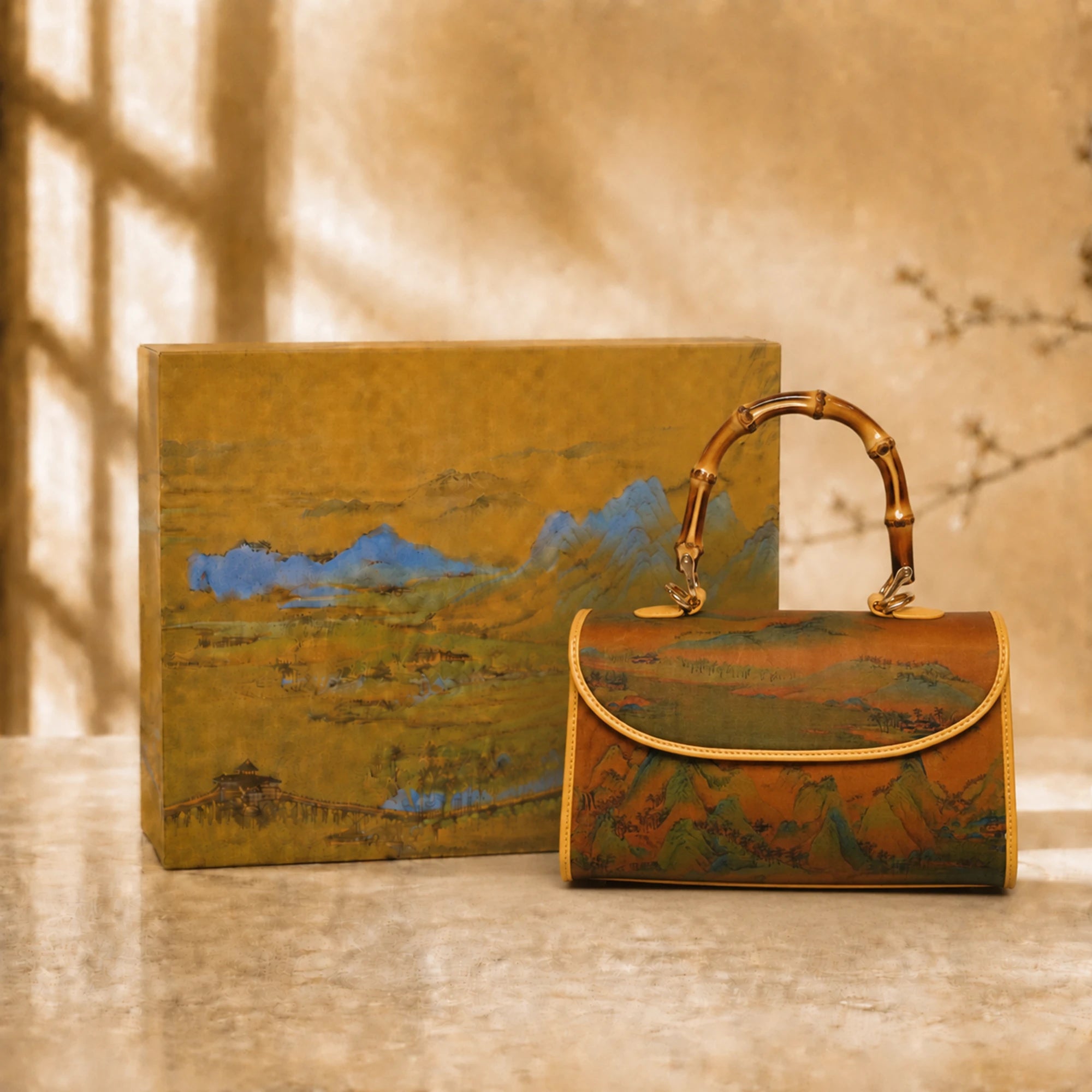 Luxury Chinese Qianli Jiangshan Xiangyun Silk Bamboo Handle Crossbody Bag