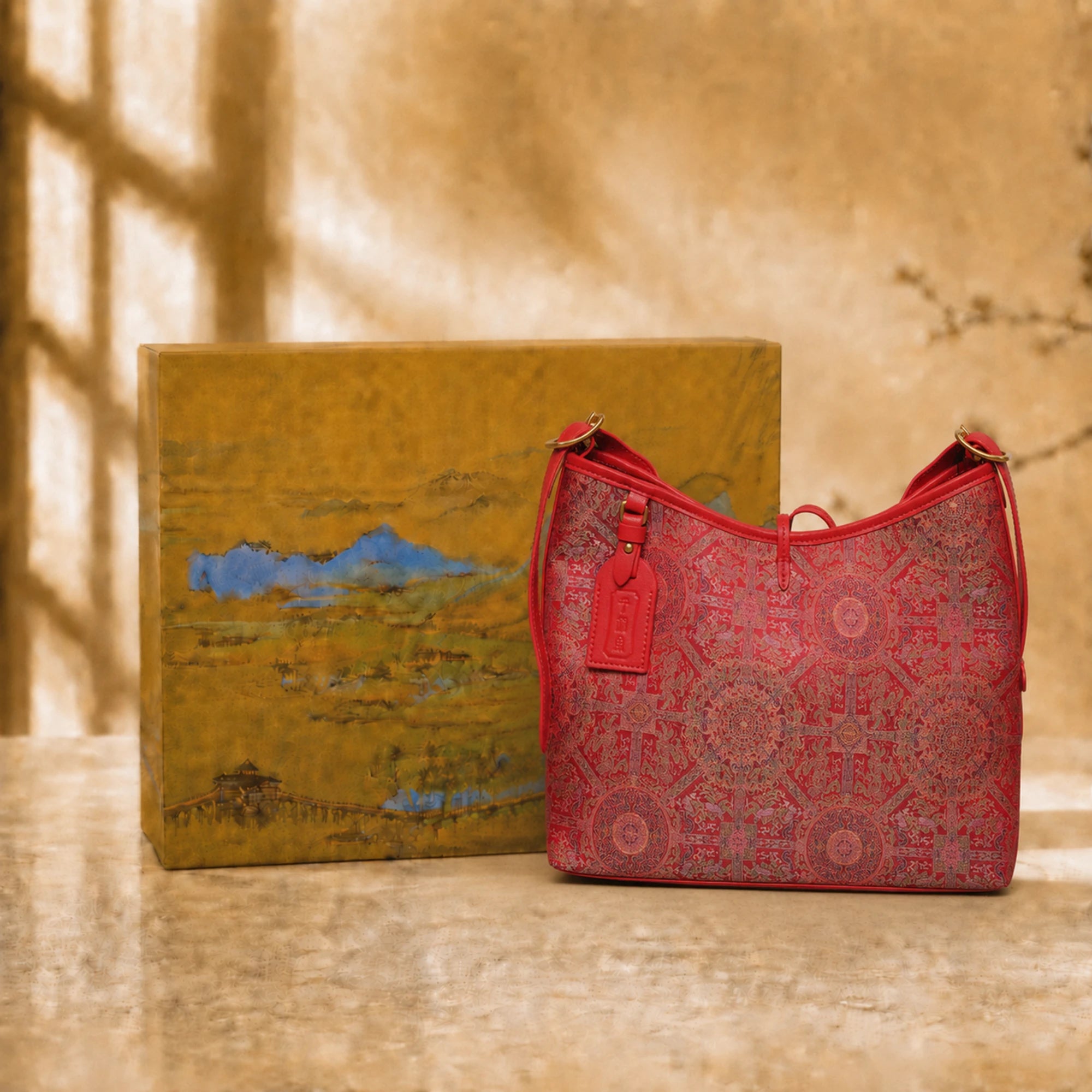 SinoCrafted red Bada Halo Song brocade shoulder bag with genuine leather trim and strap