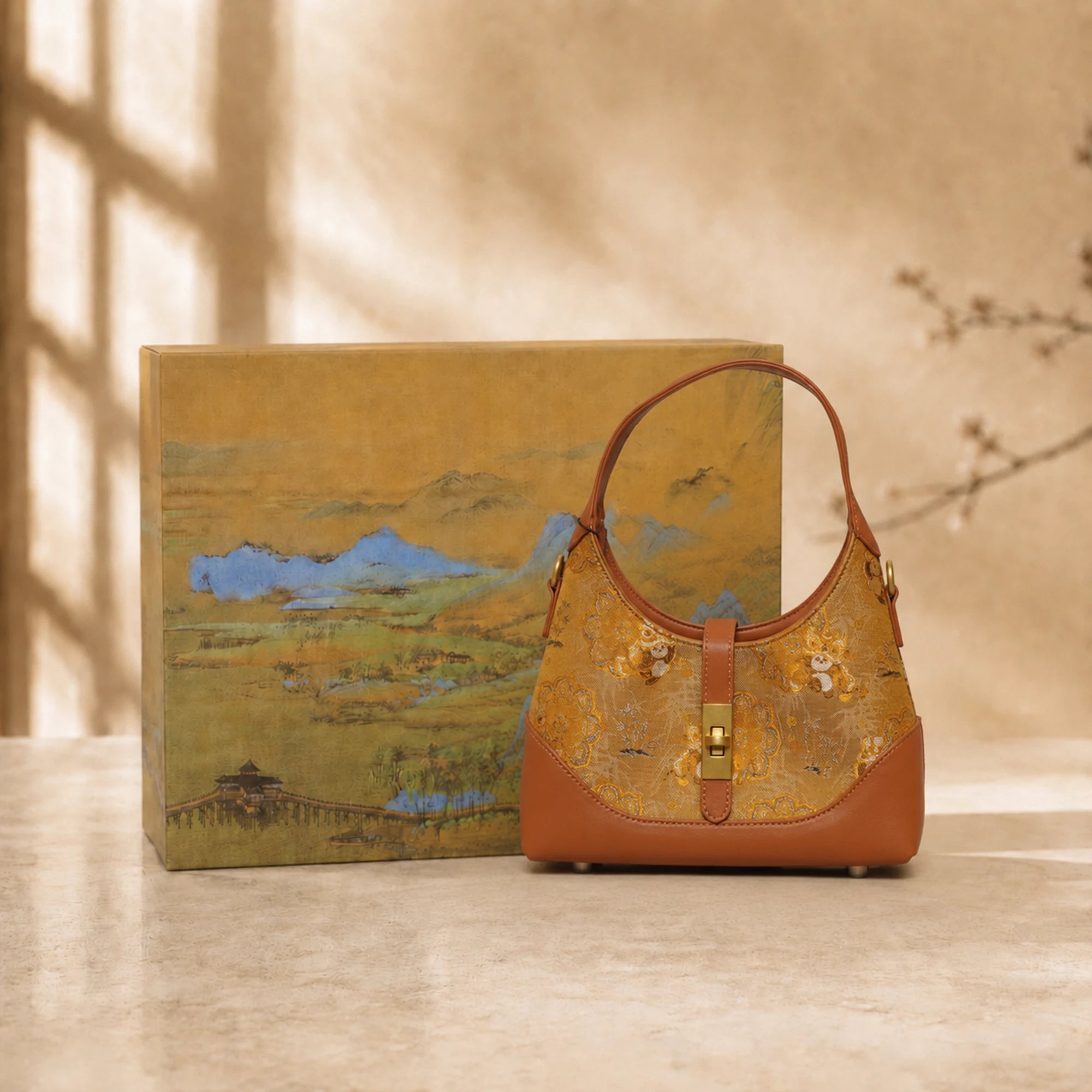 Chinoiserie Luxury Song Brocade Golden Panda Lion Dance Leather Shoulder Bag