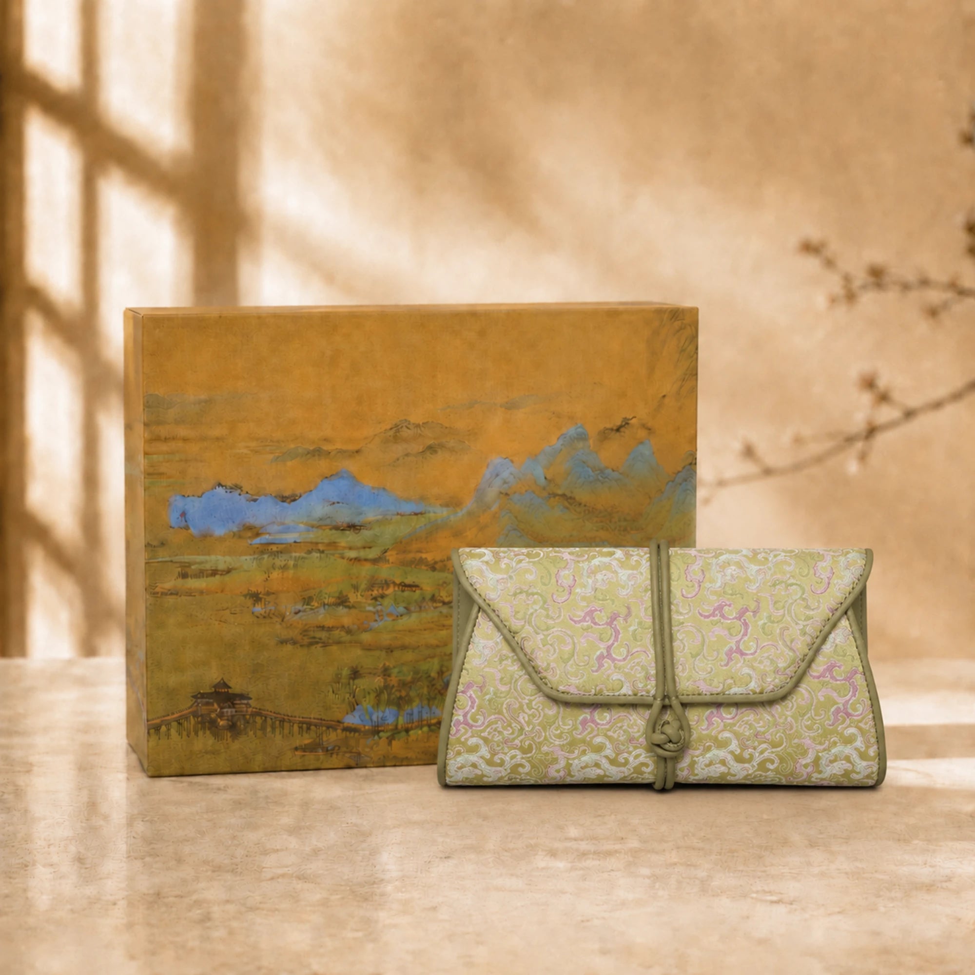 Chinoiserie Luxury Song Brocade Scrolling Vine Kui Dragon Leather Clutch Bag