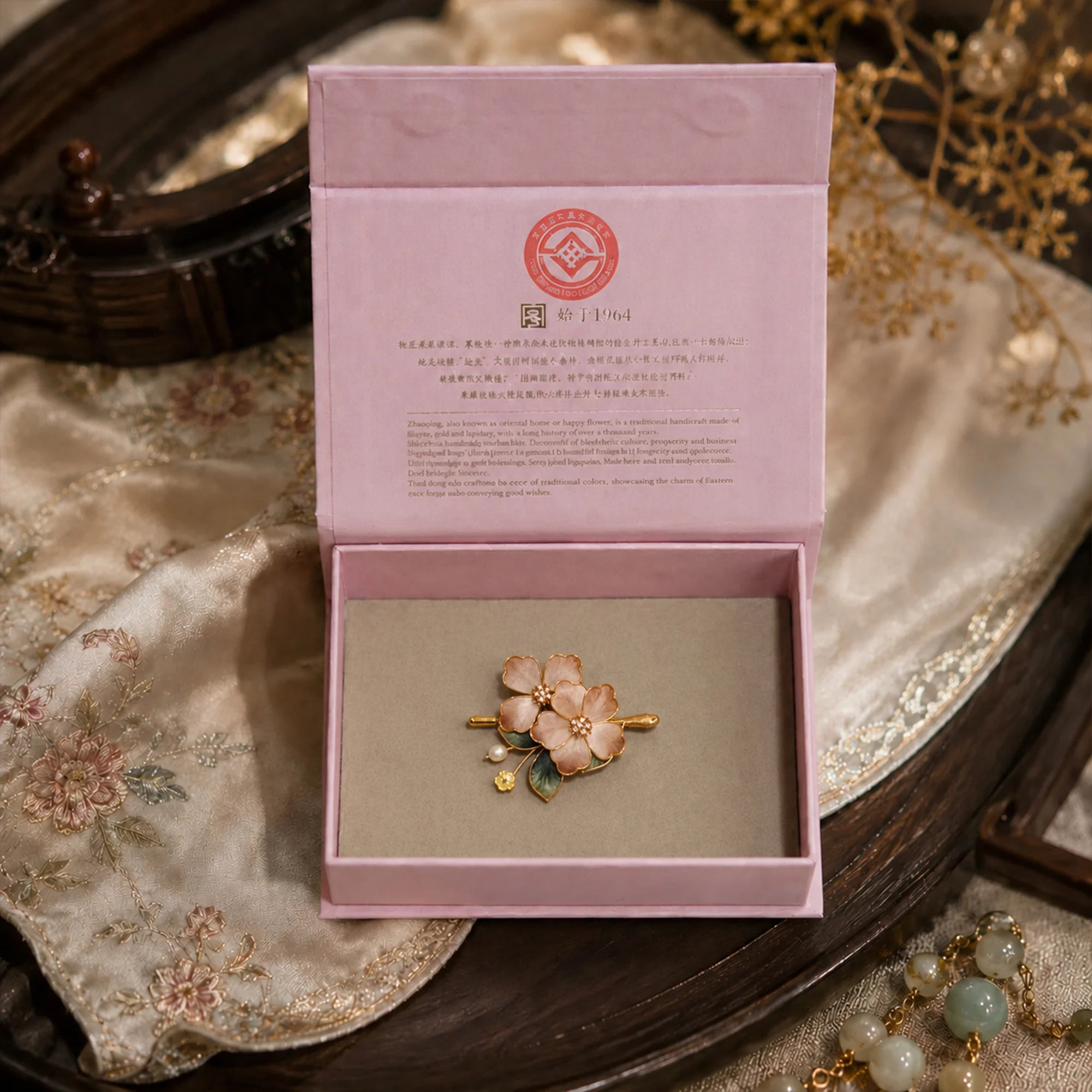 Heritage Ronghua Pink Brooch Handcrafted Enamel Floral Pin with Pearl Drop