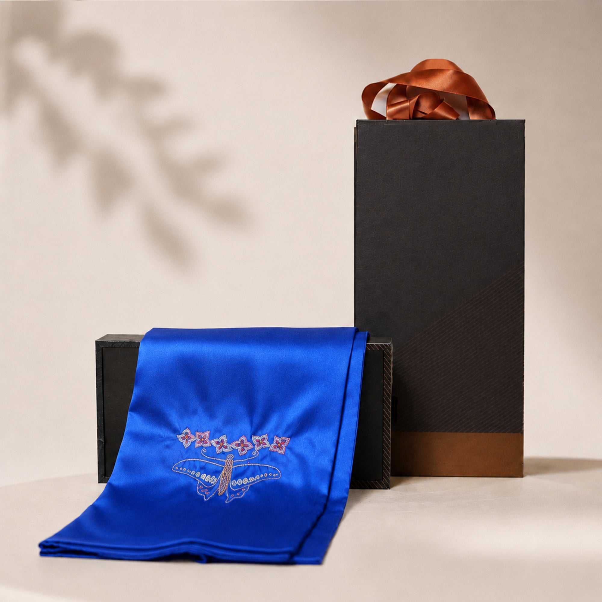 Hand-Embroidered Silk Scarf – Blue Elegance with Traditional Chinese Floral Motif