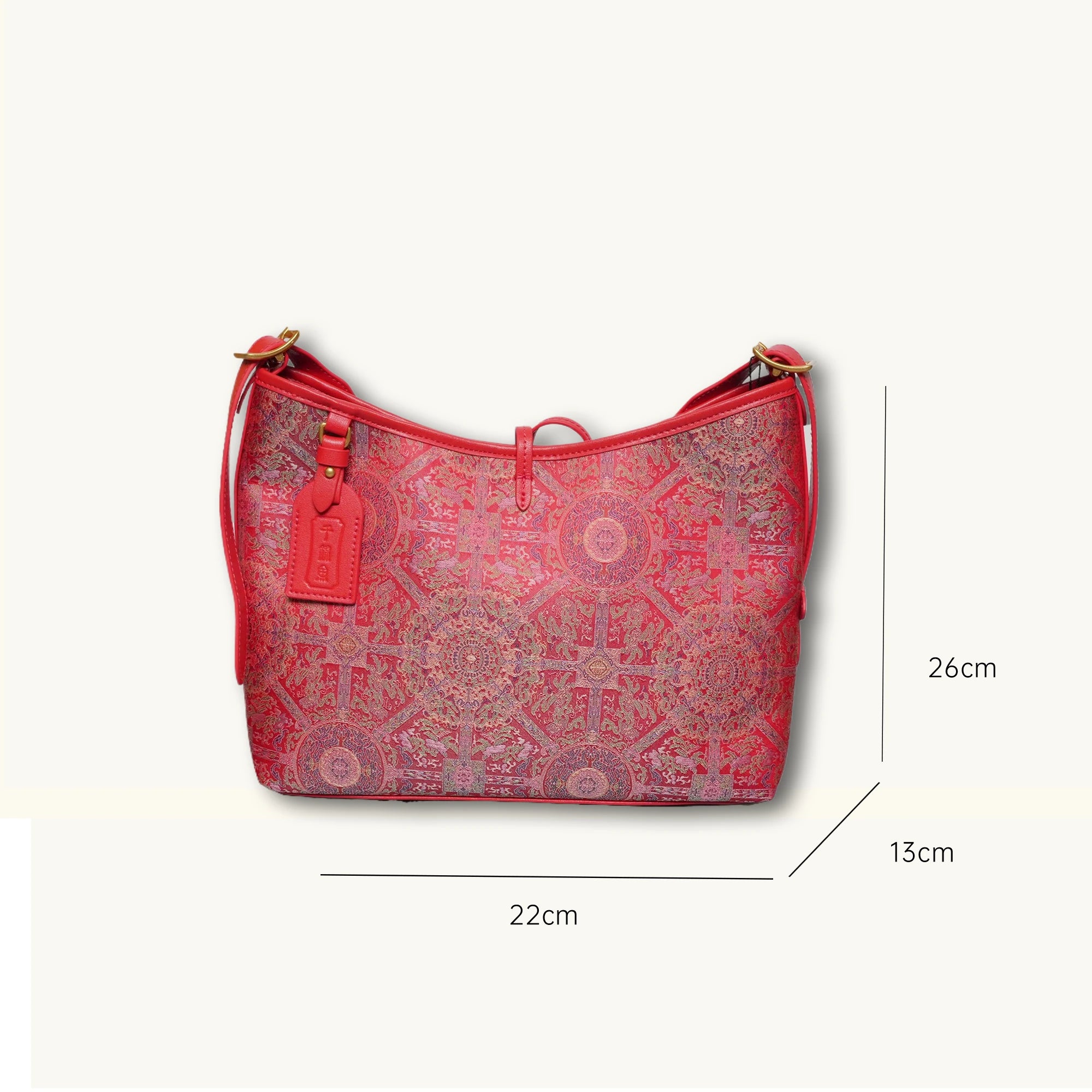 SinoCrafted red Bada Halo Song brocade shoulder bag with genuine leather trim and strap