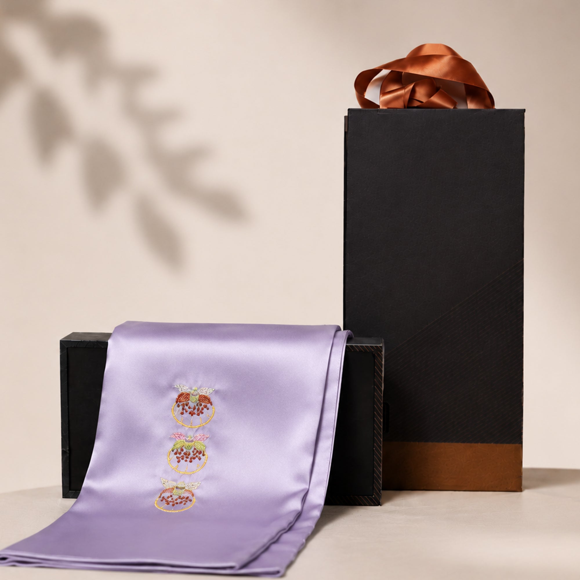 Heritage Persimmon Motif Su Embroidery Mulberry Silk Scarf — "Lunar Harvest"