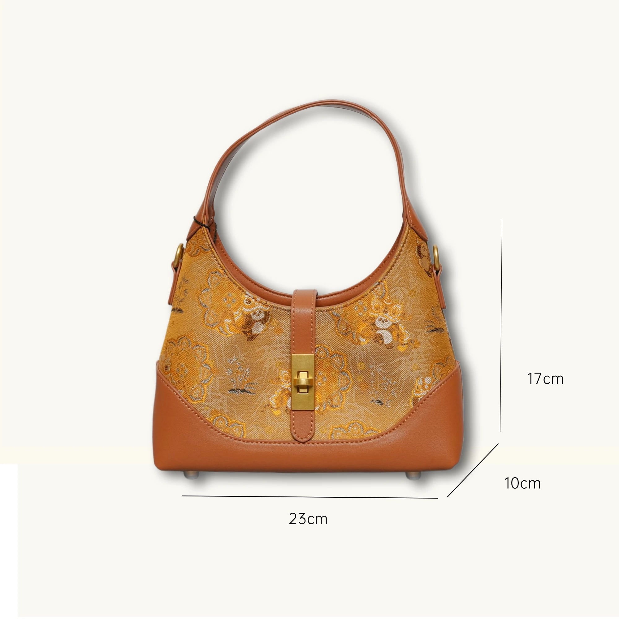 Chinoiserie Luxury Song Brocade Golden Panda Lion Dance Leather Shoulder Bag