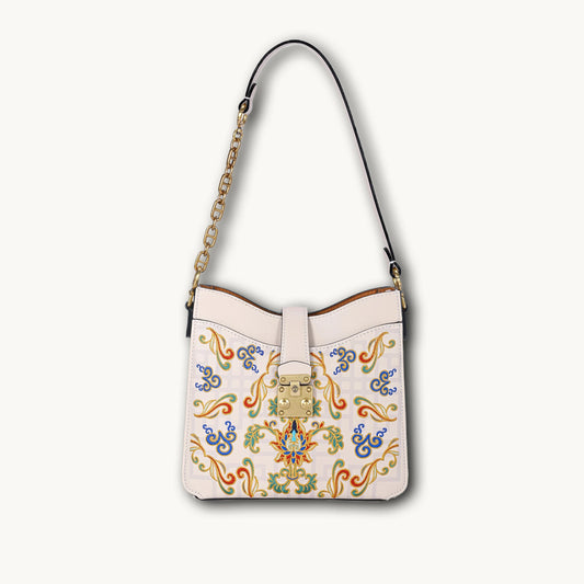 Borsa tote wing in vera pelle con ricamo Suzhou barocco dorato fatta a mano