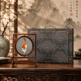 Load image into Gallery viewer, Reverse side of double-sided embroidery featuring orange and white cat in same playful pose with grasshopper on gray silk
