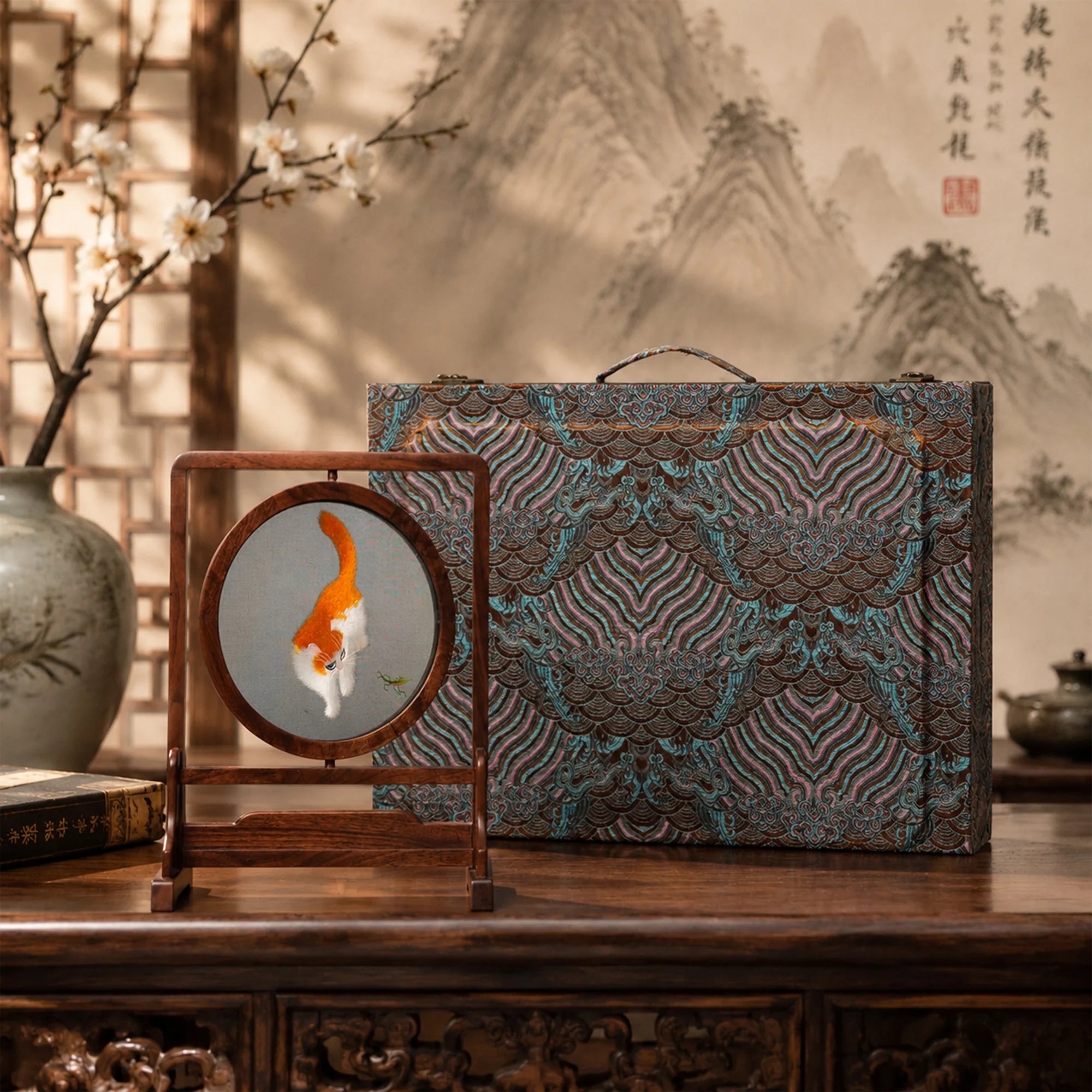 Reverse side of double-sided embroidery featuring orange and white cat in same playful pose with grasshopper on gray silk