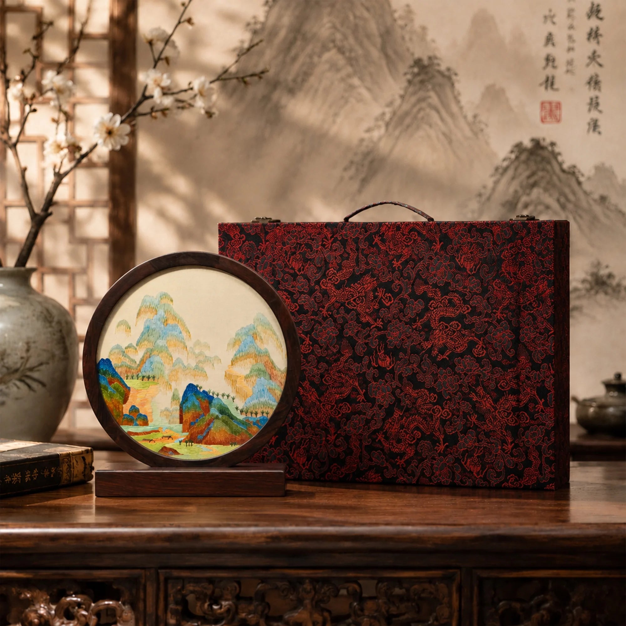 Landscape embroidery ornament beside a red and black brocade dragon pattern carrying gift case on a wooden altar table