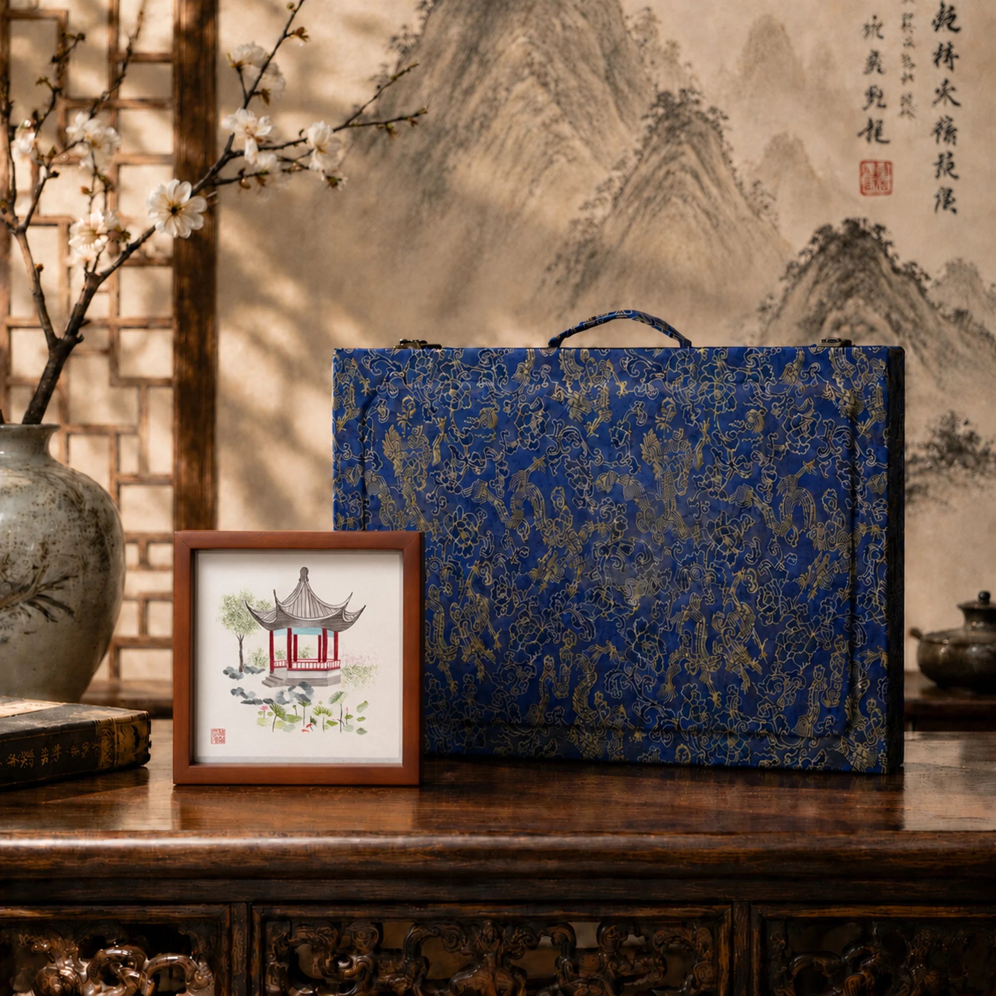 Master Handcrafted Suzhou Double-Sided Embroidery Ornament — Lotus Pavilion Garden Scene