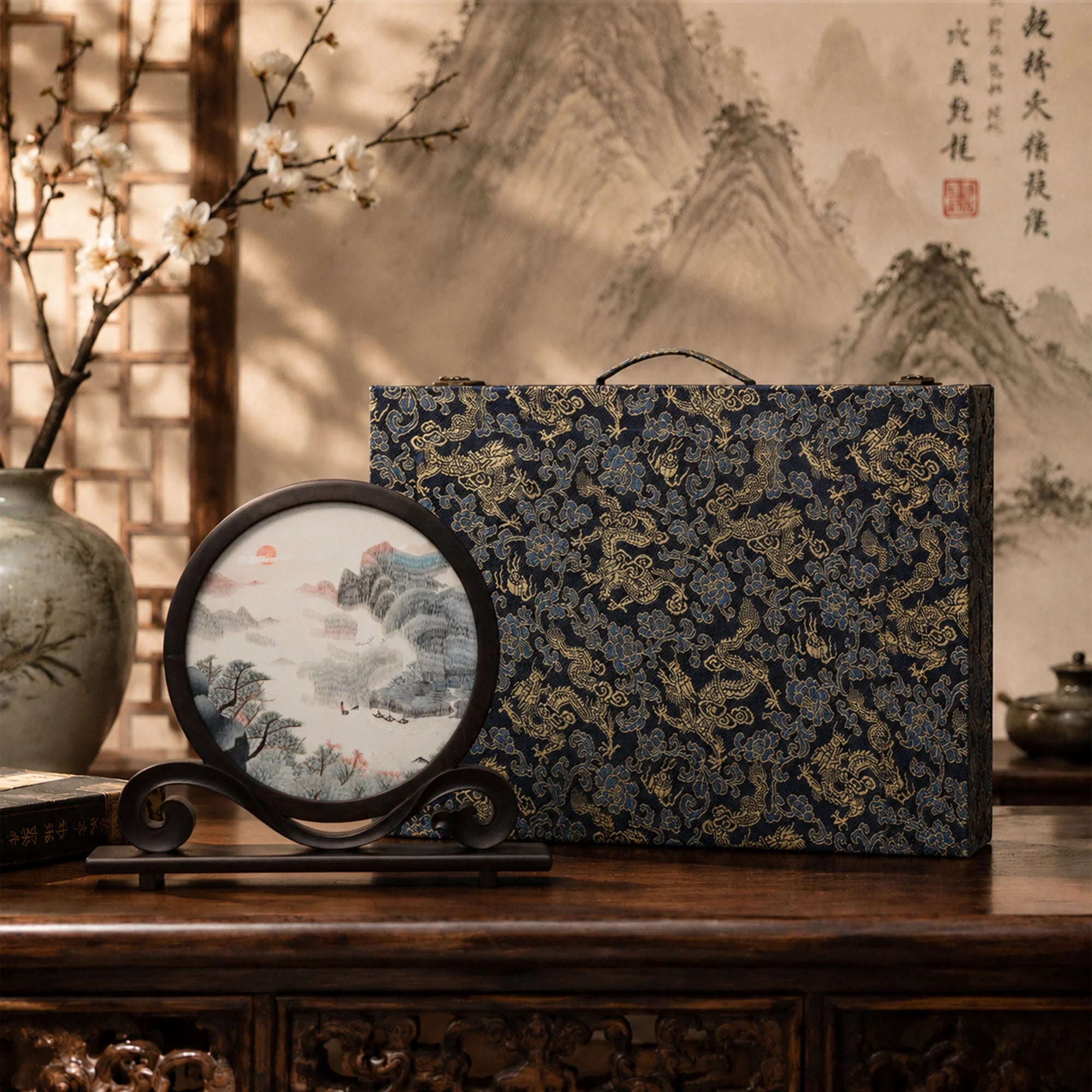 Double-sided landscape embroidery on rosewood stand displayed beside navy and gold dragon-pattern brocade gift box on carved wooden table