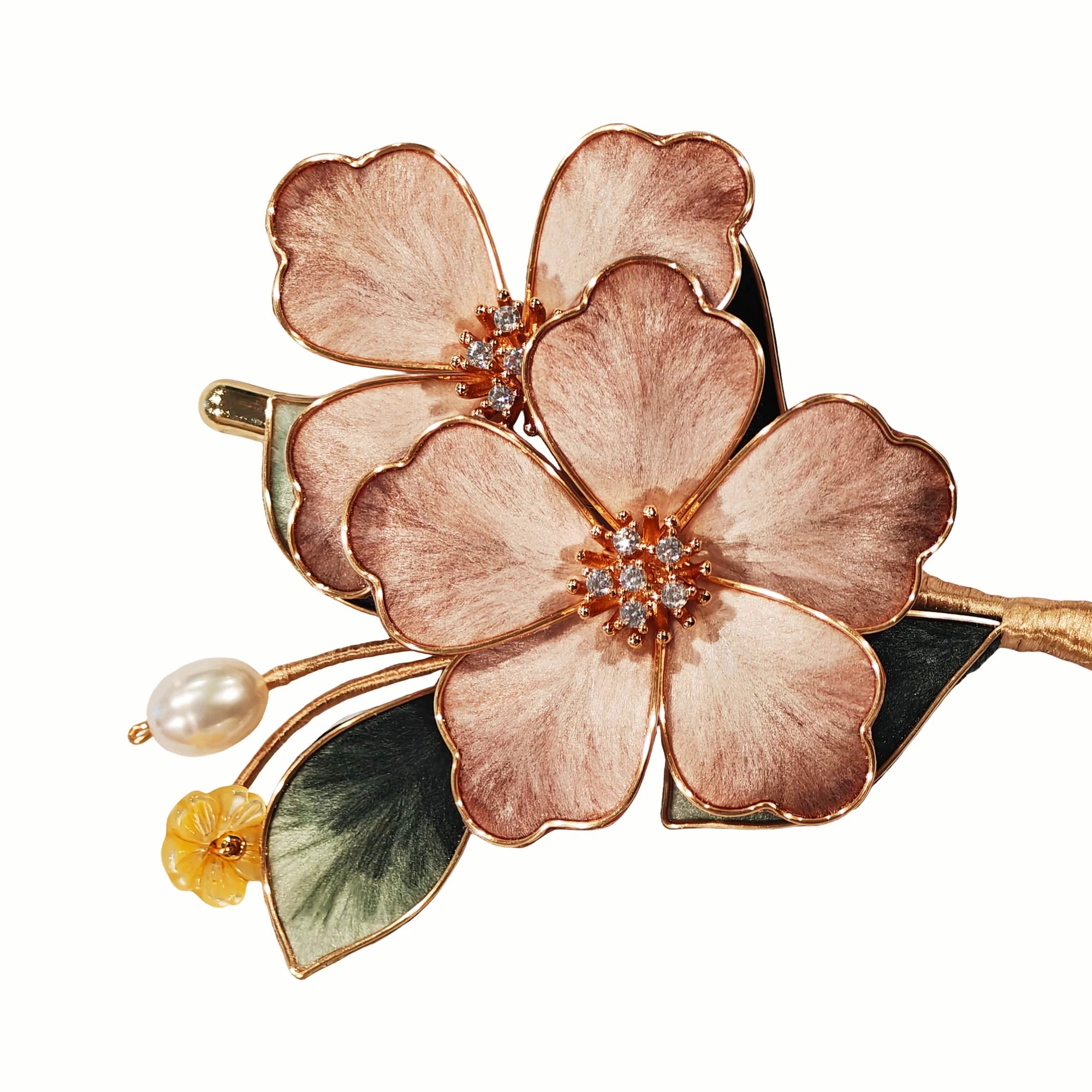 Heritage Ronghua Pink Brooch Handcrafted Enamel Floral Pin with Pearl Drop