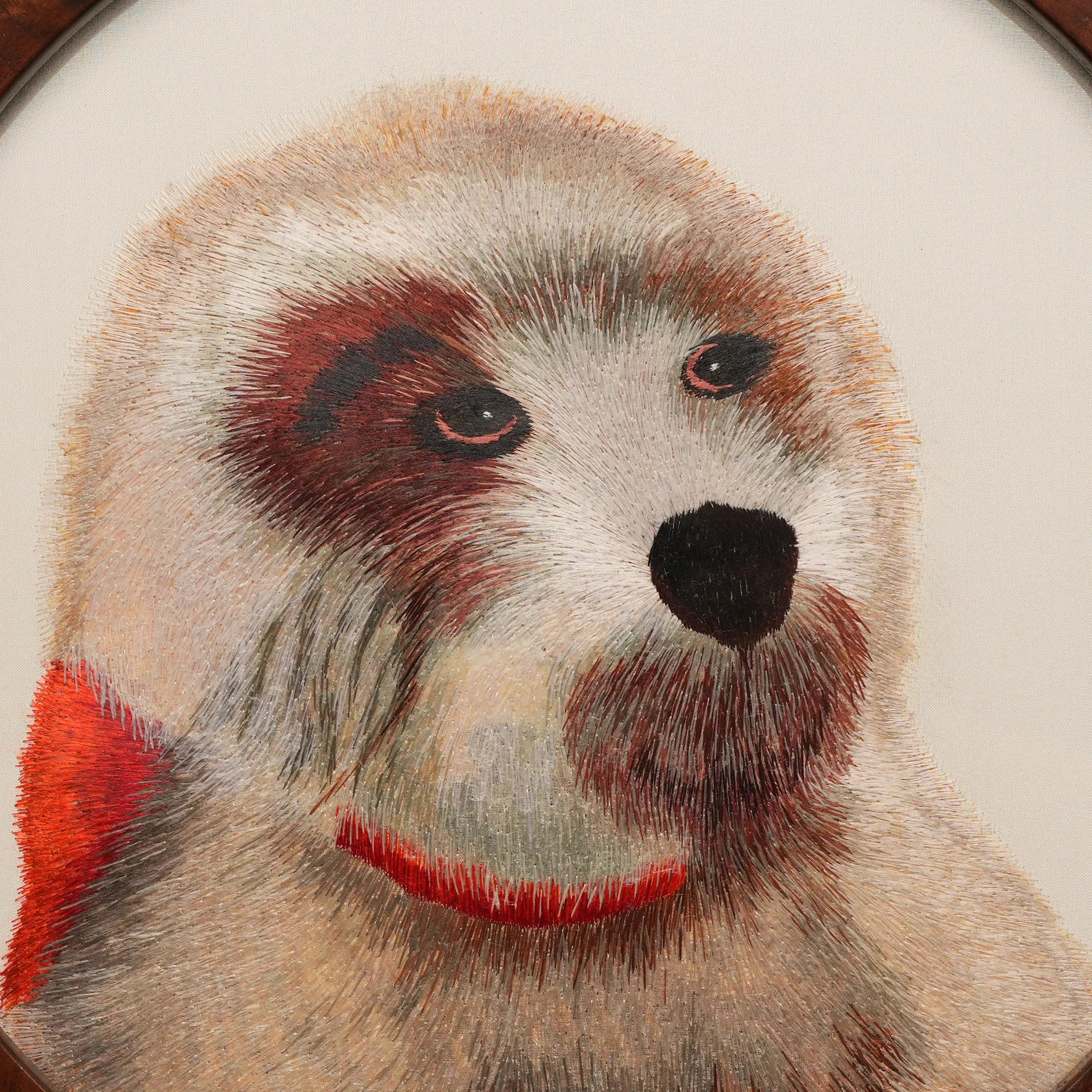 Reverse side of double-sided Suzhou embroidery animal art displayed in a handcrafted wooden frame