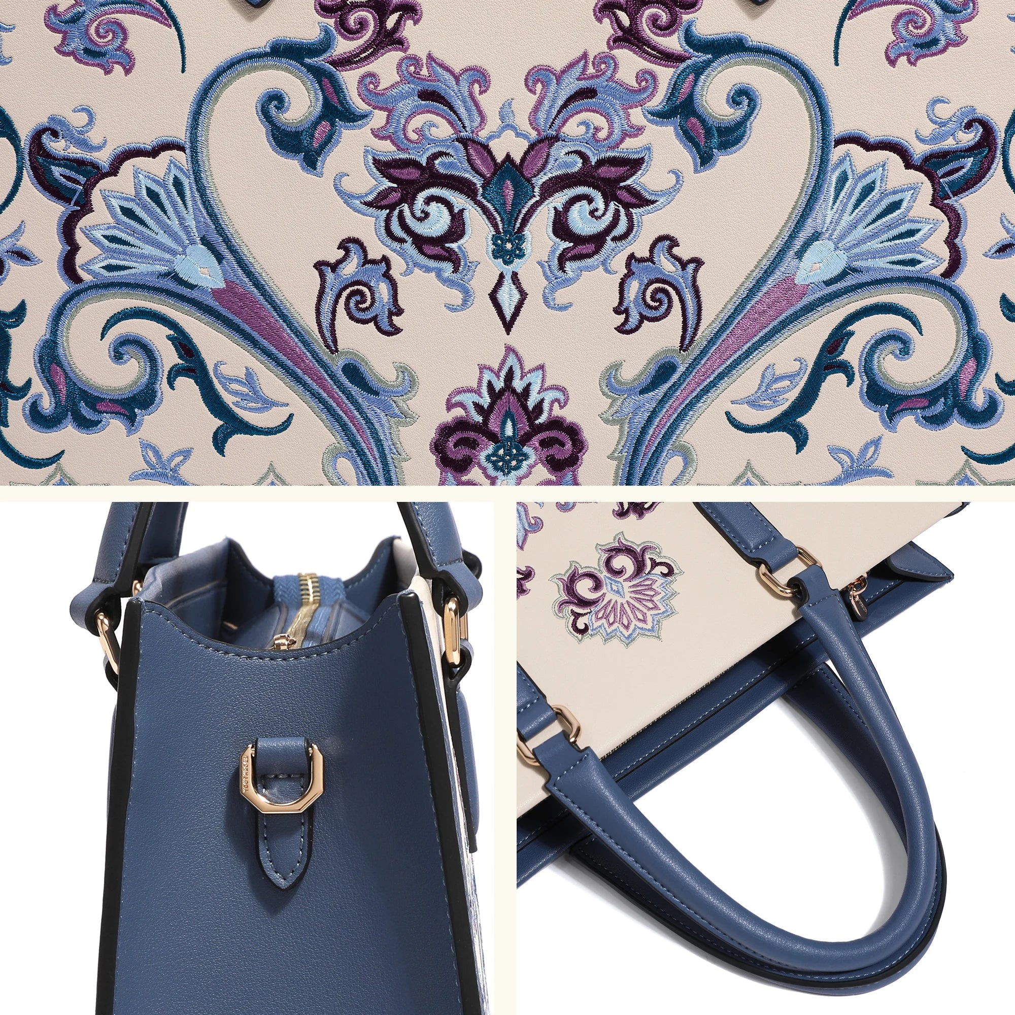 Heritage Baoxiang  Navy Leather Trim Embroidery Tote Bag