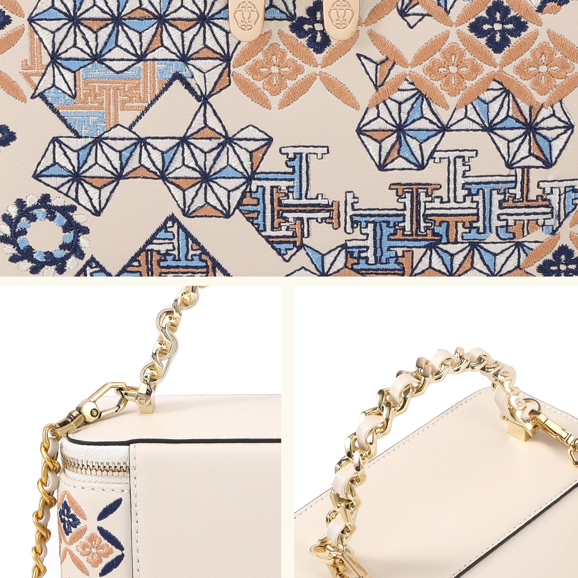 Vintage Architectural Print Box Bag with Gold Chain Double Strap