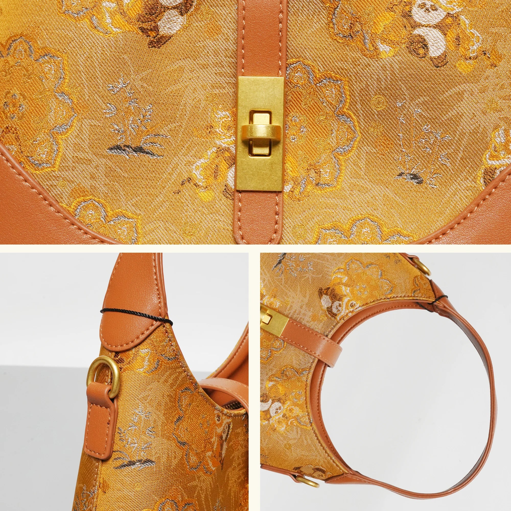 Chinoiserie Luxury Song Brocade Golden Panda Lion Dance Leather Shoulder Bag