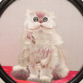 Load image into Gallery viewer, Double-sided embroidery of a fluffy grey cat sitting on a red cushion in a round frame within a rectangular hardwood screen stand with scroll-carved base
