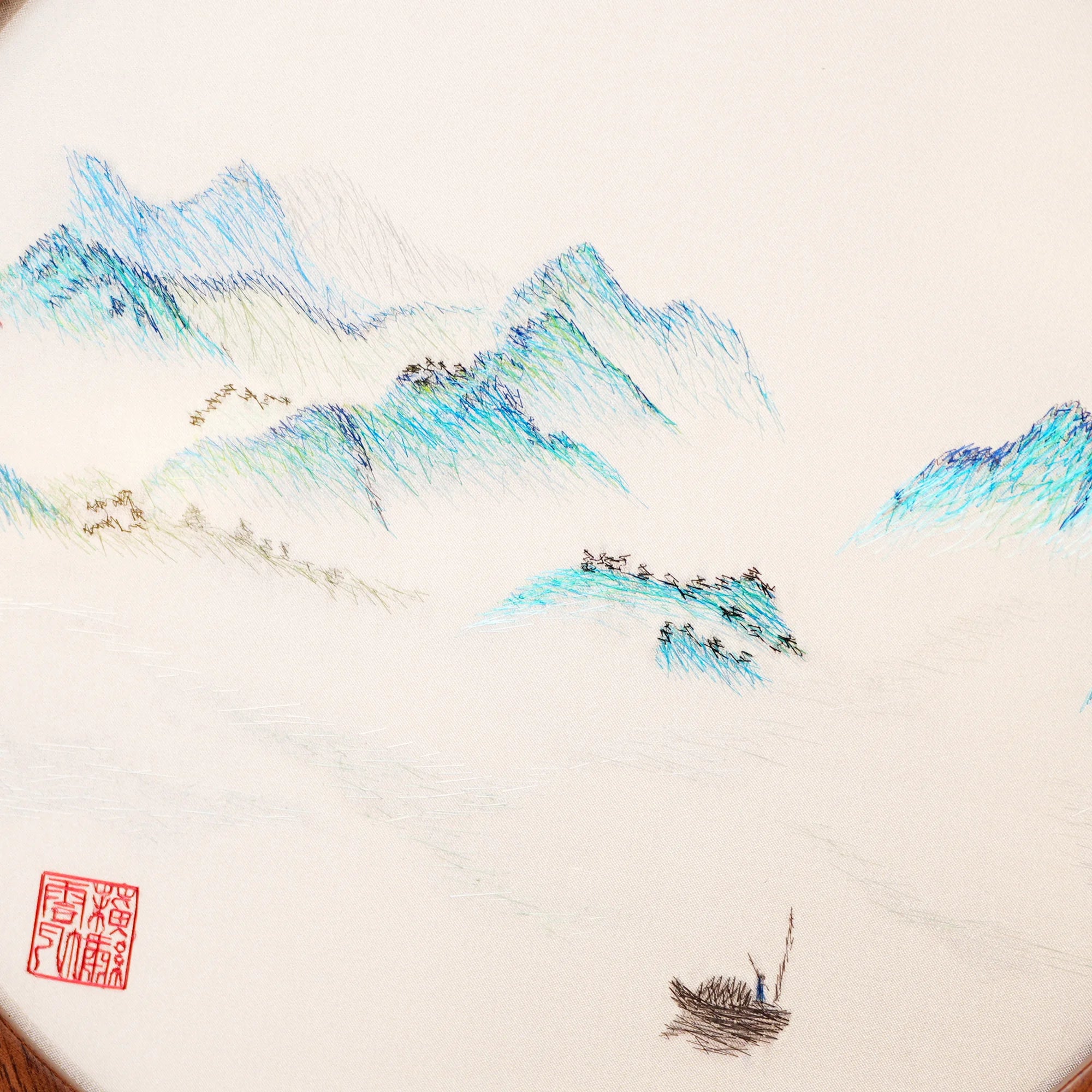 Museum-Quality Handcrafted Silk Suzhou Double-Sided Embroidery Ornament — Moonrise Over the Sea: A Thousand Miles of Rivers and Mountains