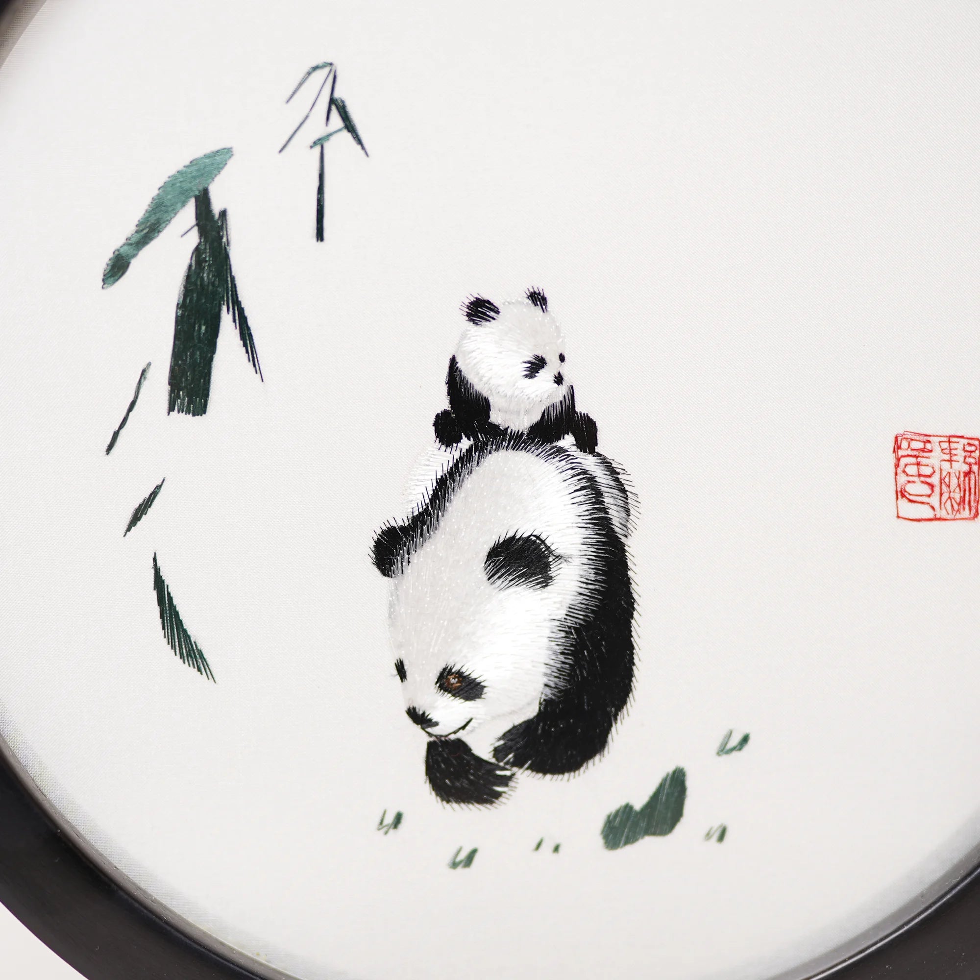 Museum-Quality Handcrafted Silk Suzhou Double-Sided Embroidery Ornament — Panda & Cub, "Bamboo Shade"