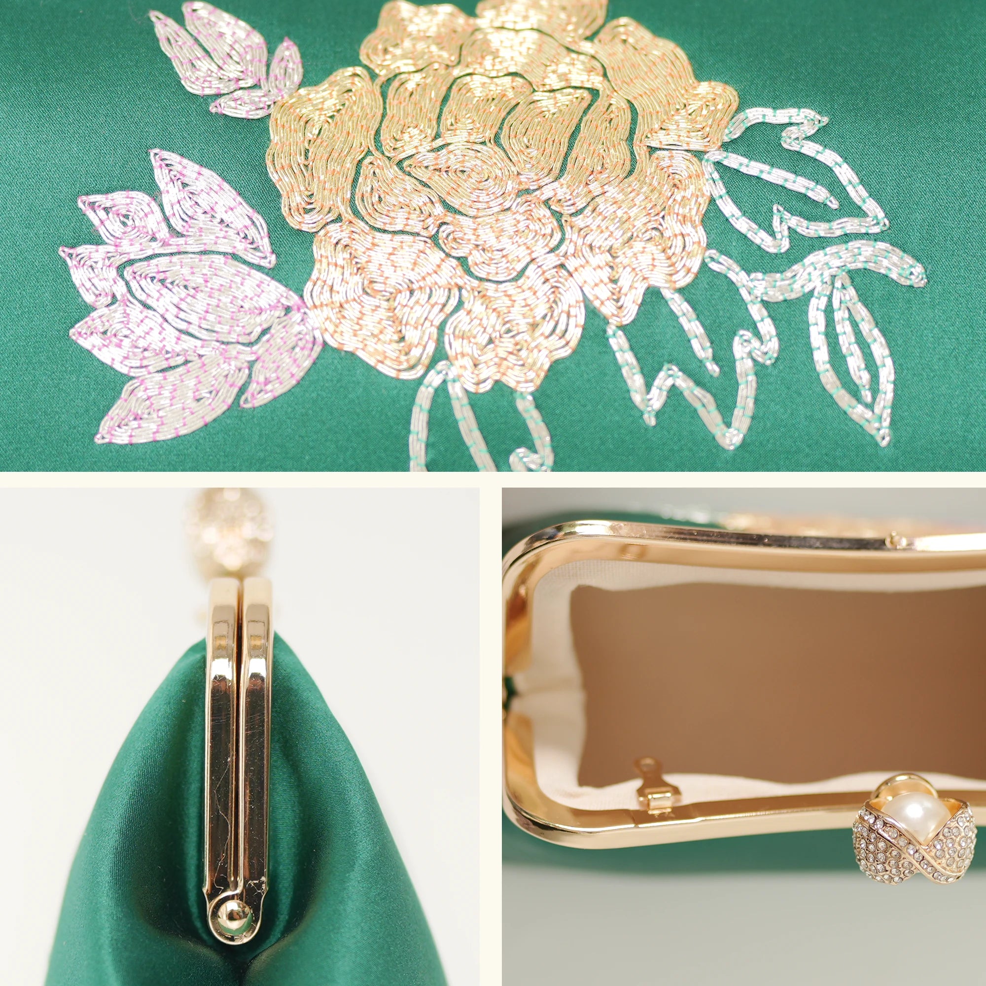 Chinoiserie Luxury Green Suzhou Embroidery Floral Mulberry Silk Frame Handbag