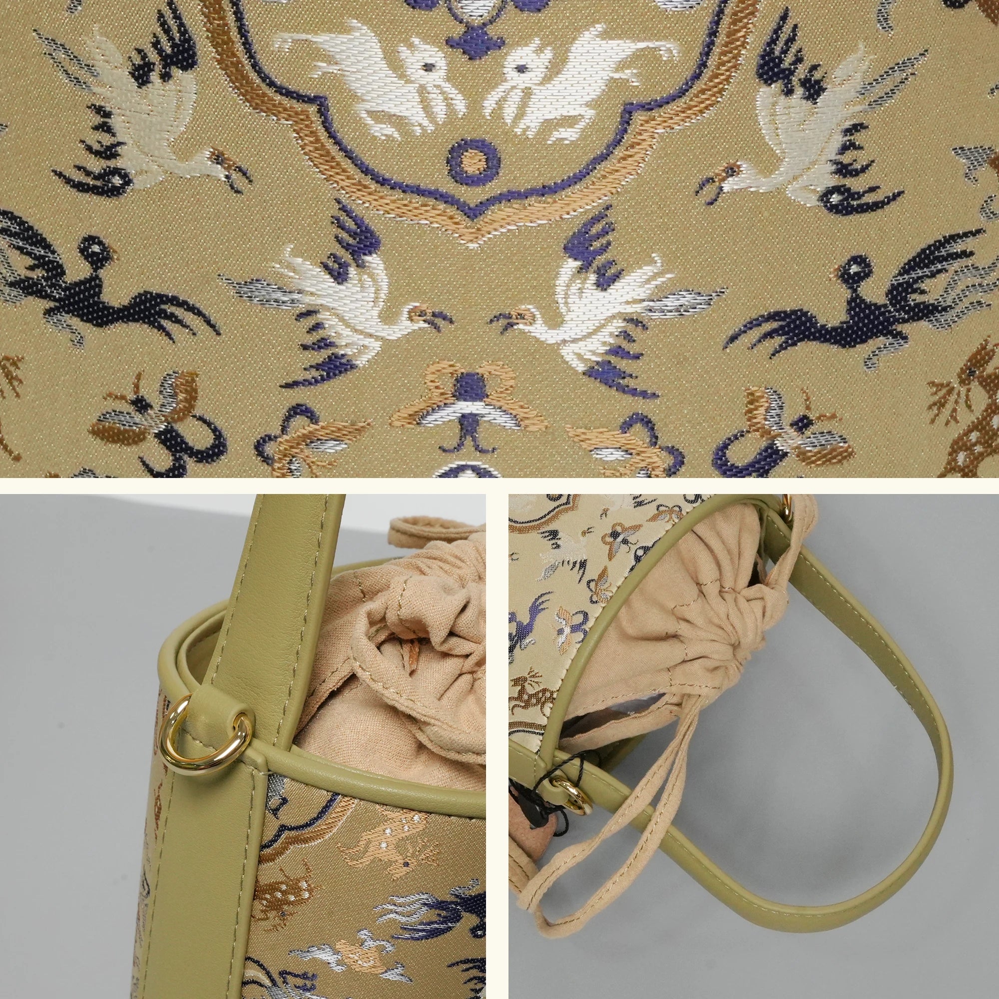 SinoCrafted Crane and Deer Song brocade bucket bag in mulberry silk with genuine leather trim