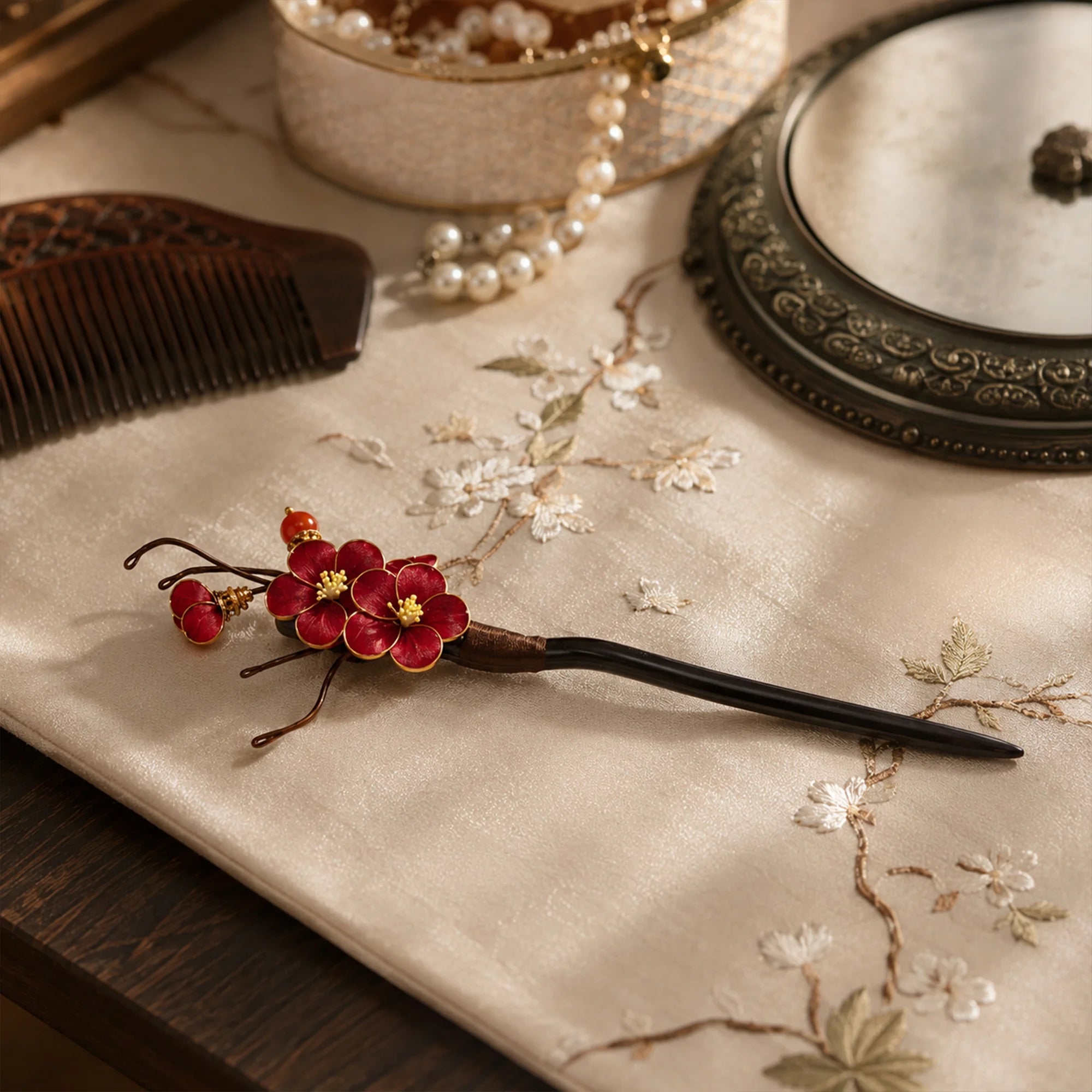 Heritage Ronghua Red Plum Comb Hair Pin Handcrafted Silk Blossom on Wooden Hair Stick