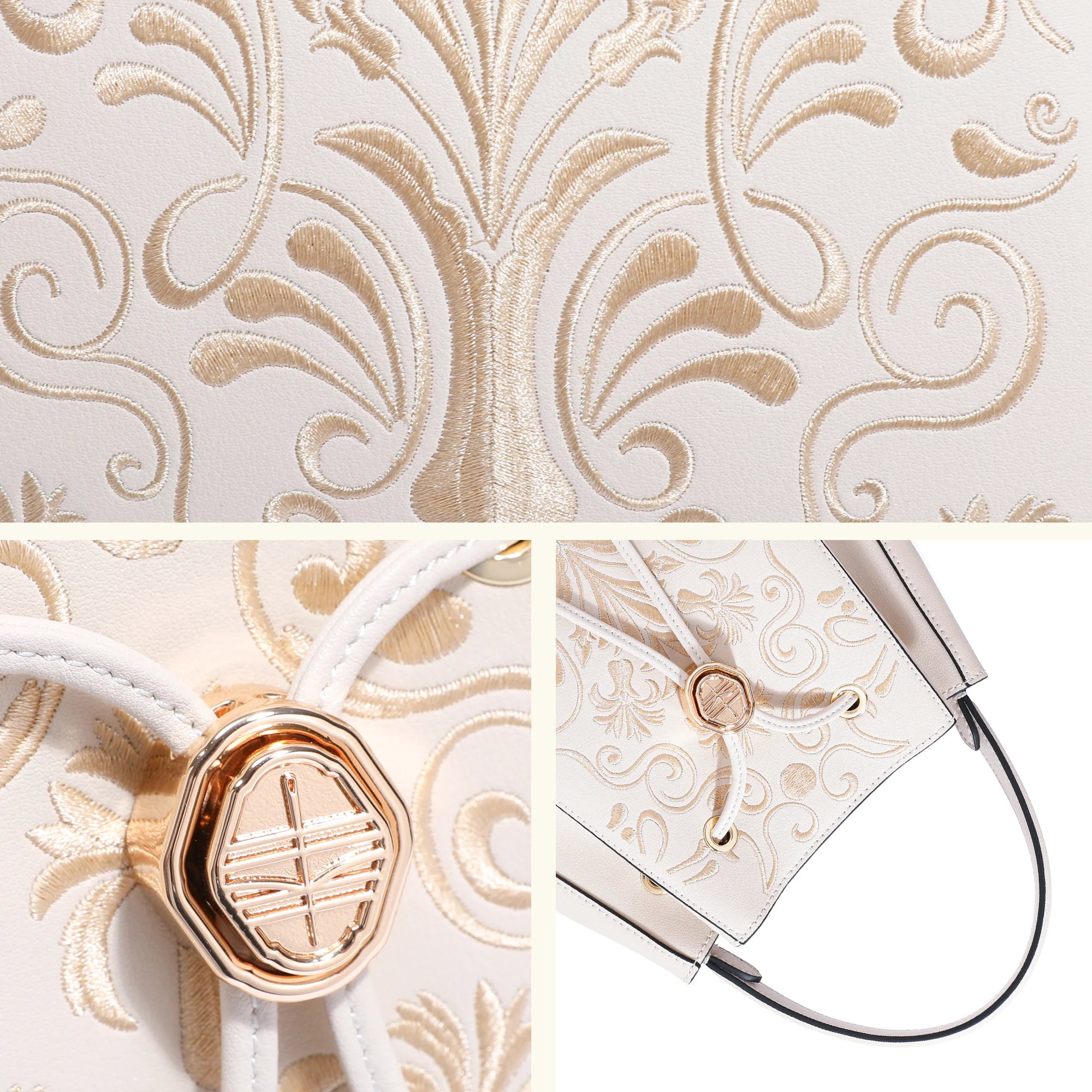 Heritage Gold Filigree Motif  Scroll Embroidery Bucket Bag