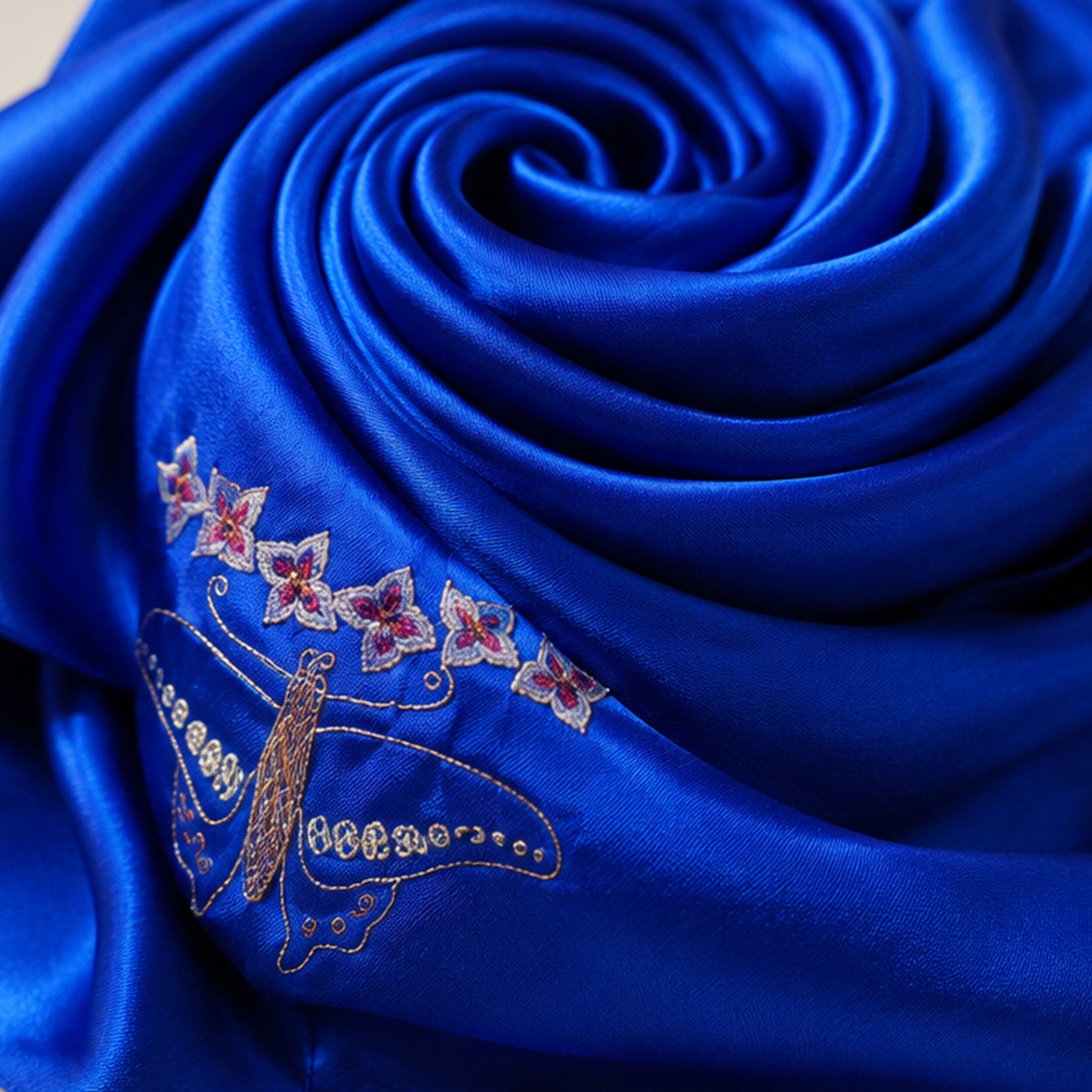 Hand-Embroidered Silk Scarf – Blue Elegance with Traditional Chinese Floral Motif