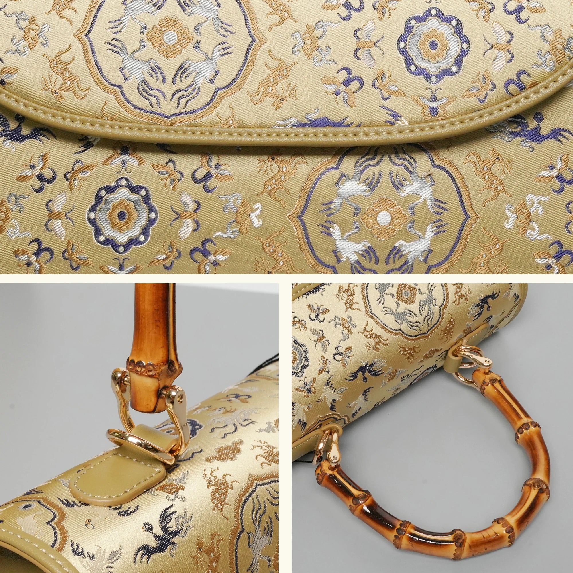 SinoCrafted green Crane and Deer Song brocade handbag with genuine leather trim and natural bamboo handle