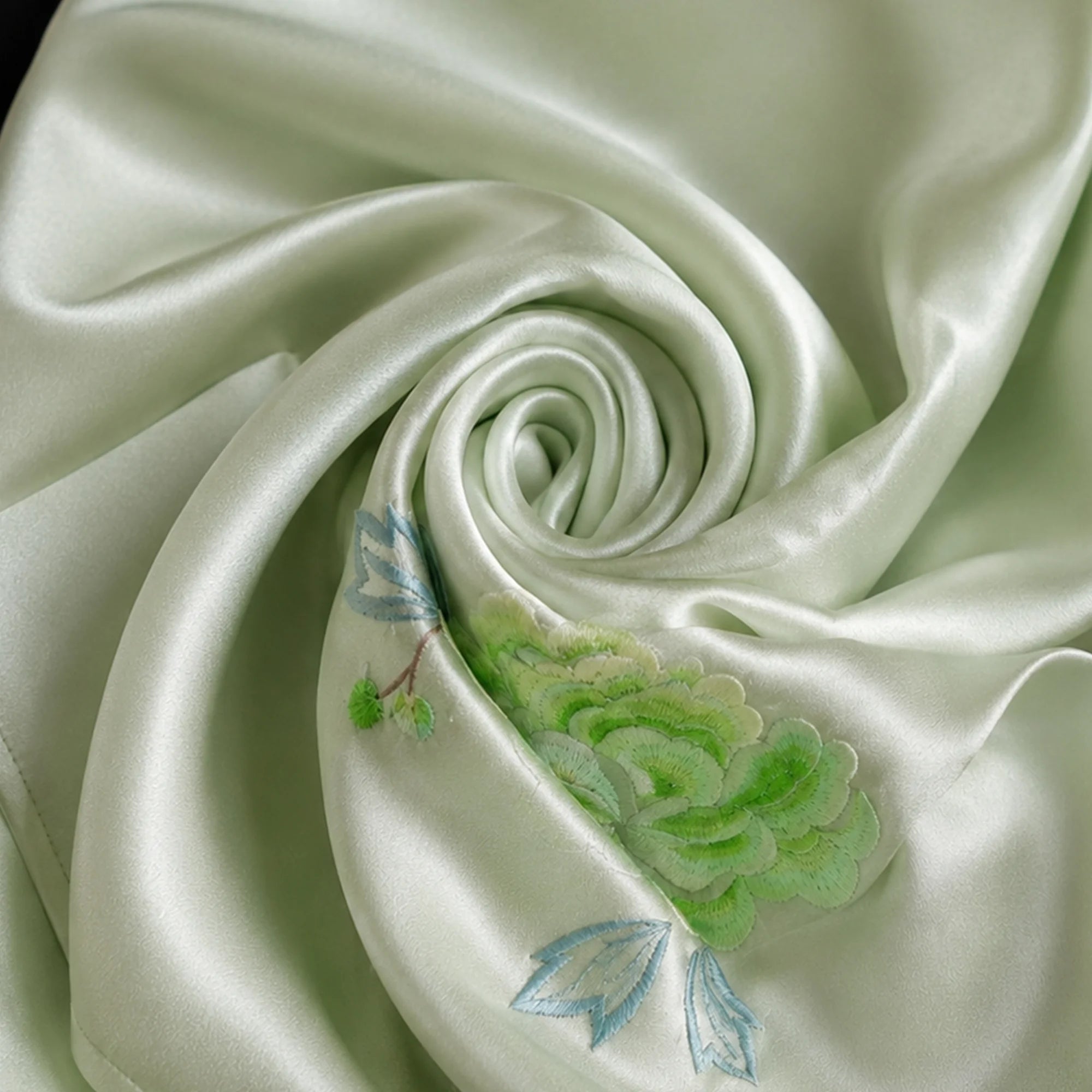 Hand-Embroidered Su Embroidery Mulberry Silk Scarf — "Jade Blossom"