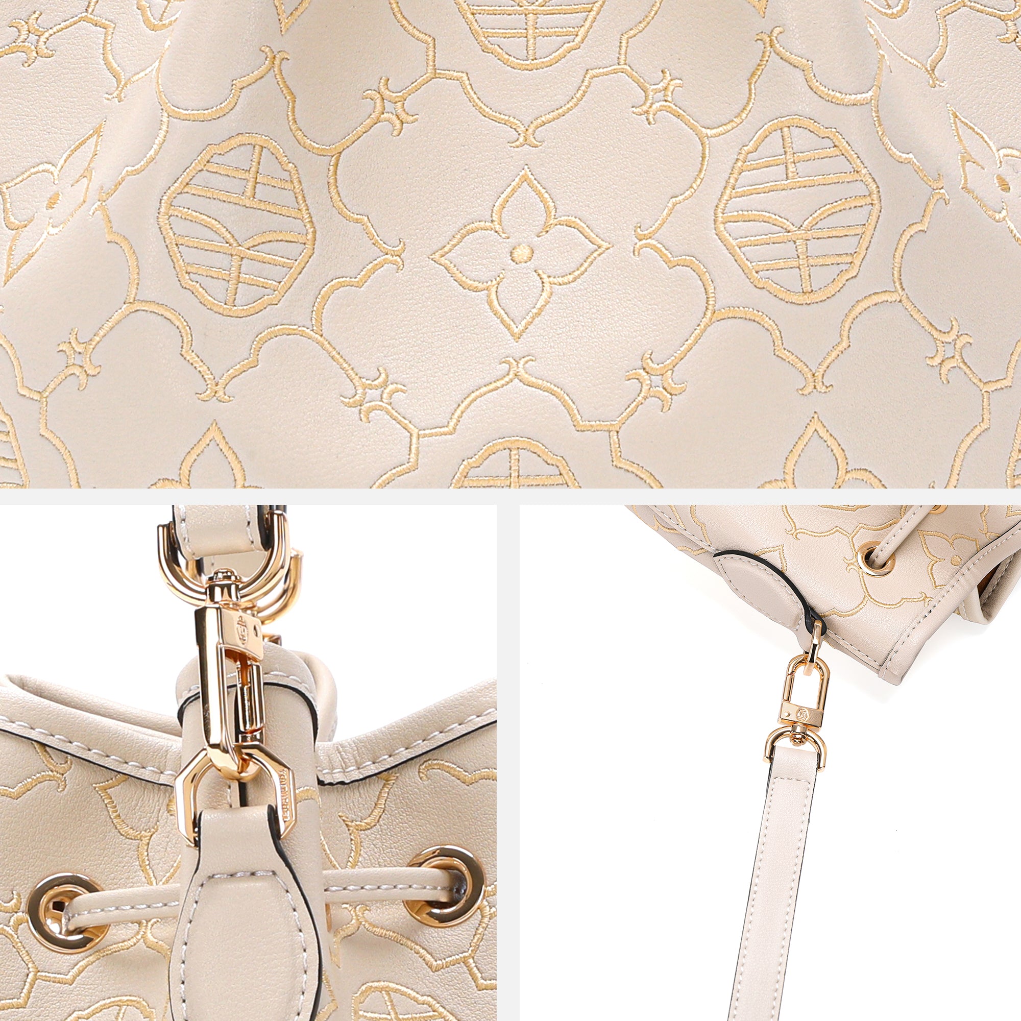 Genuine Leather Bucket Bag with Intricate Oriental Embossed Motifs