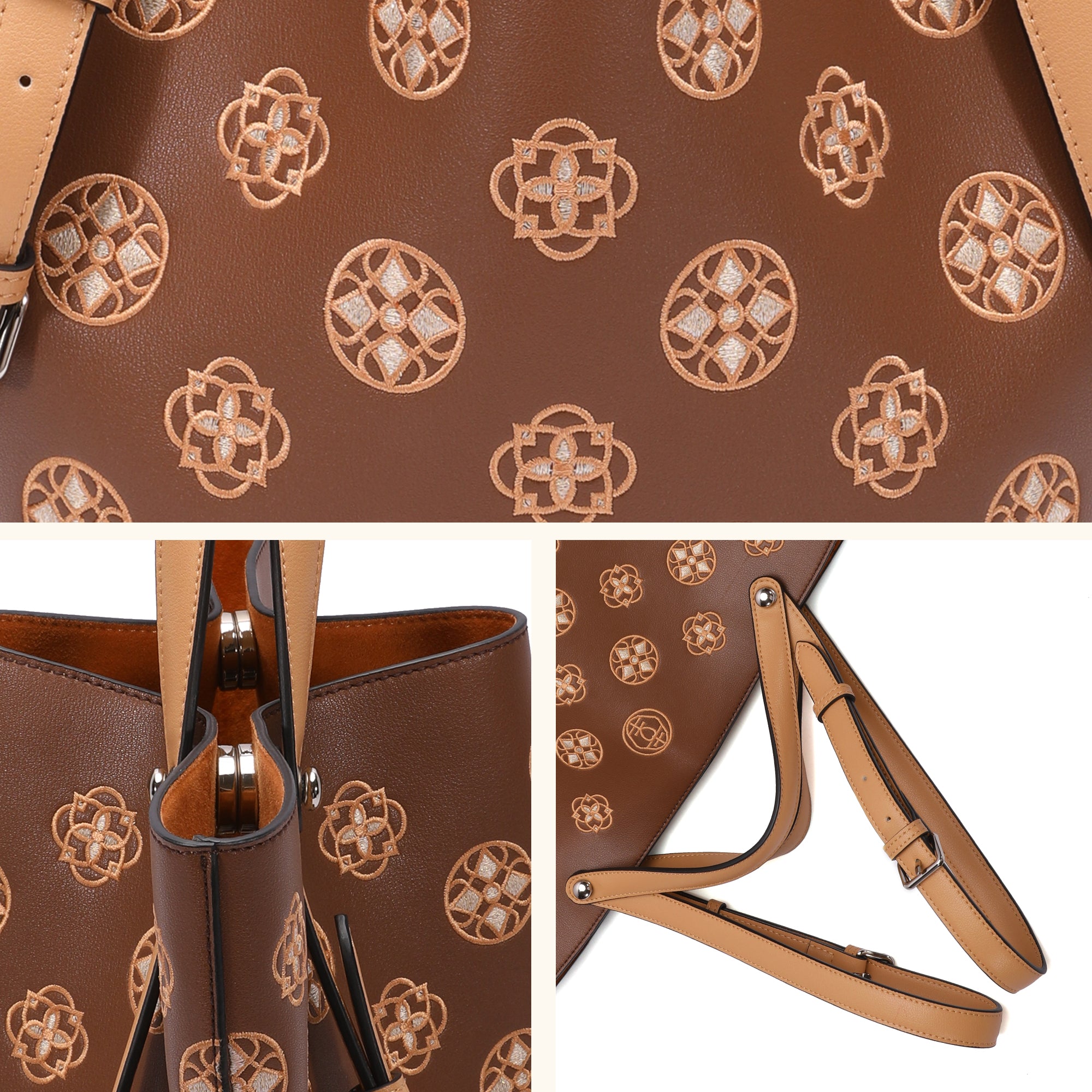 Embroidered Genuine Leather Bucket Tote Bag with Adjustable Strap