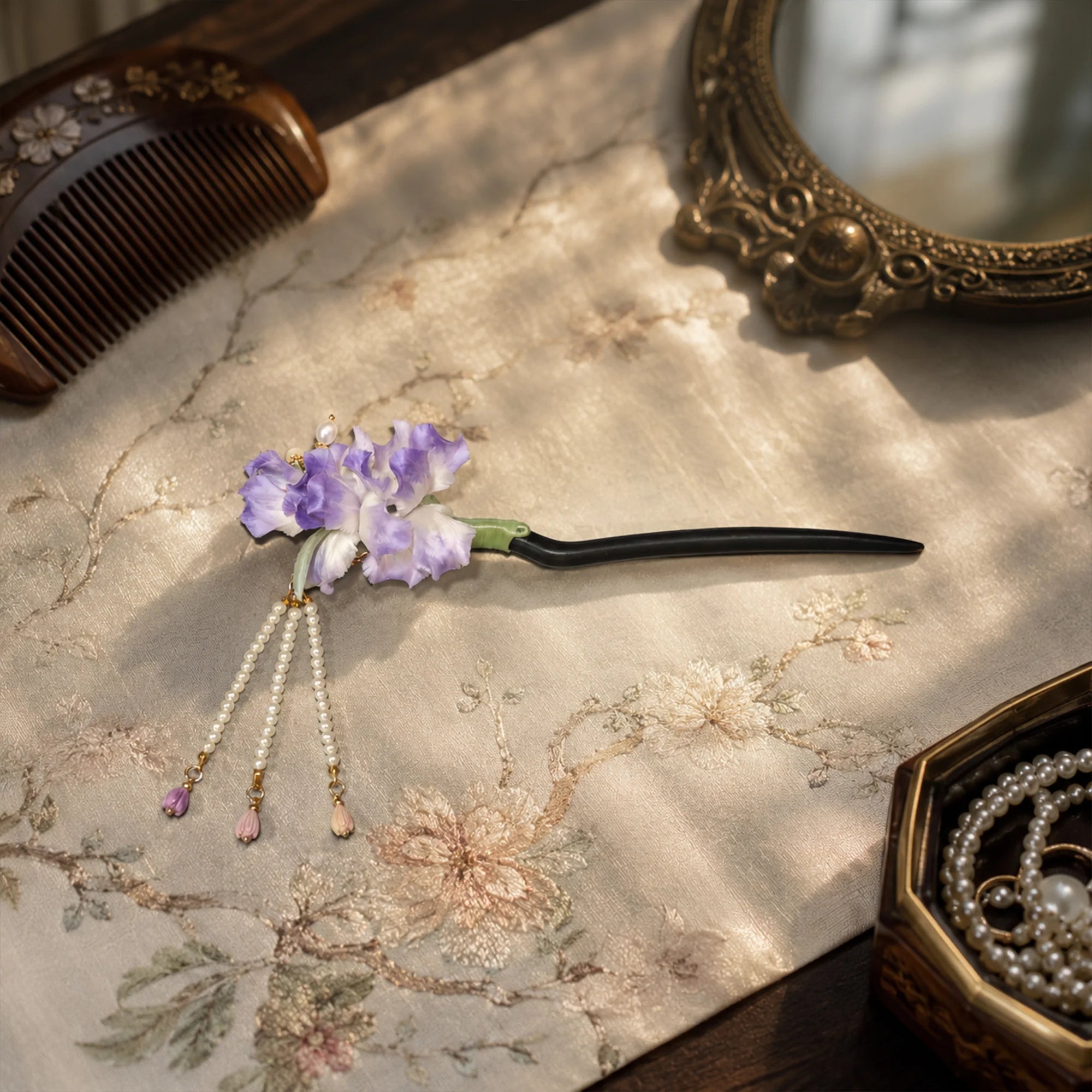 Heritage Iris Ronghua Silk Hair Stick with Pearl Tassels