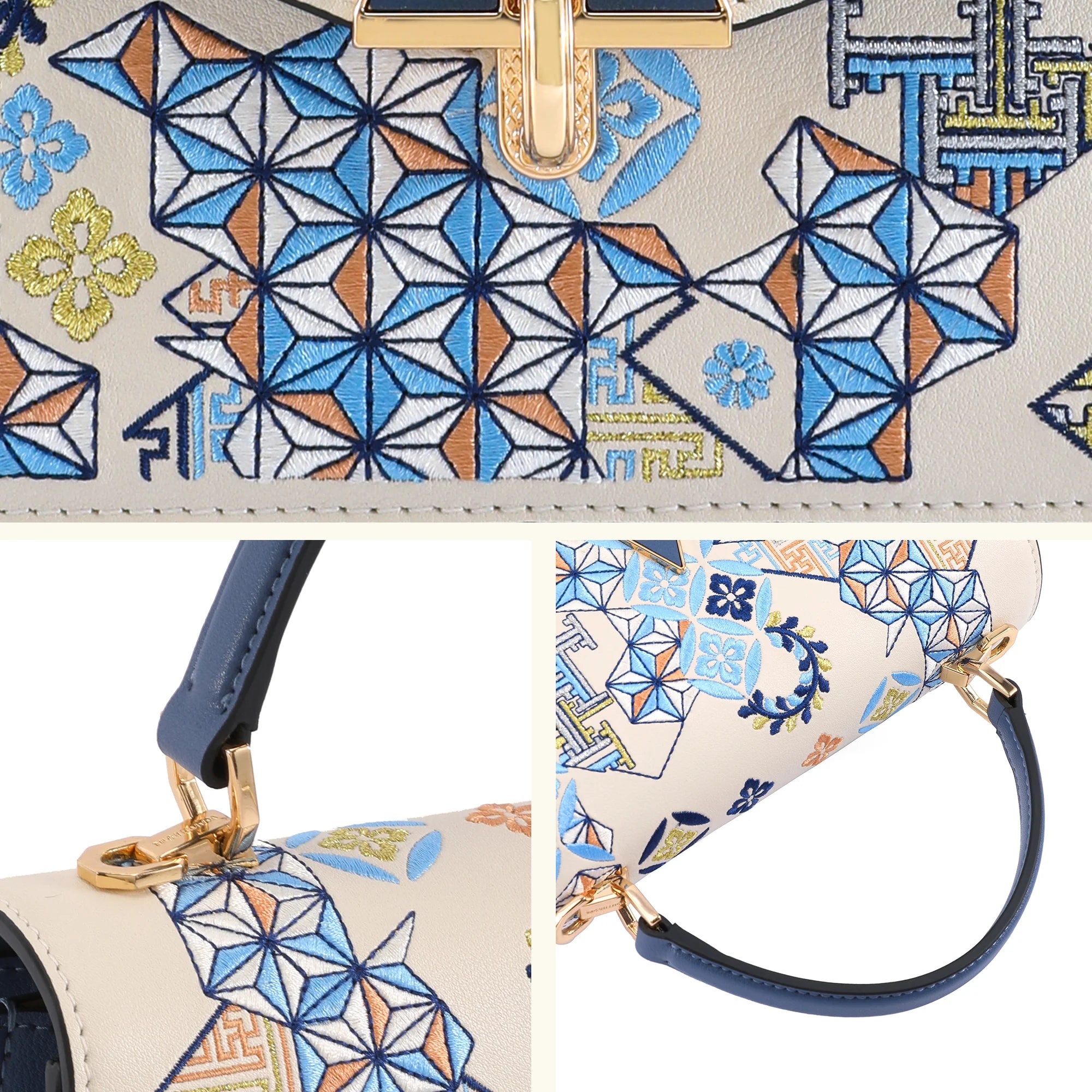 Luxury Heritage Geometric Motif Su Embroidery Leather Handbag